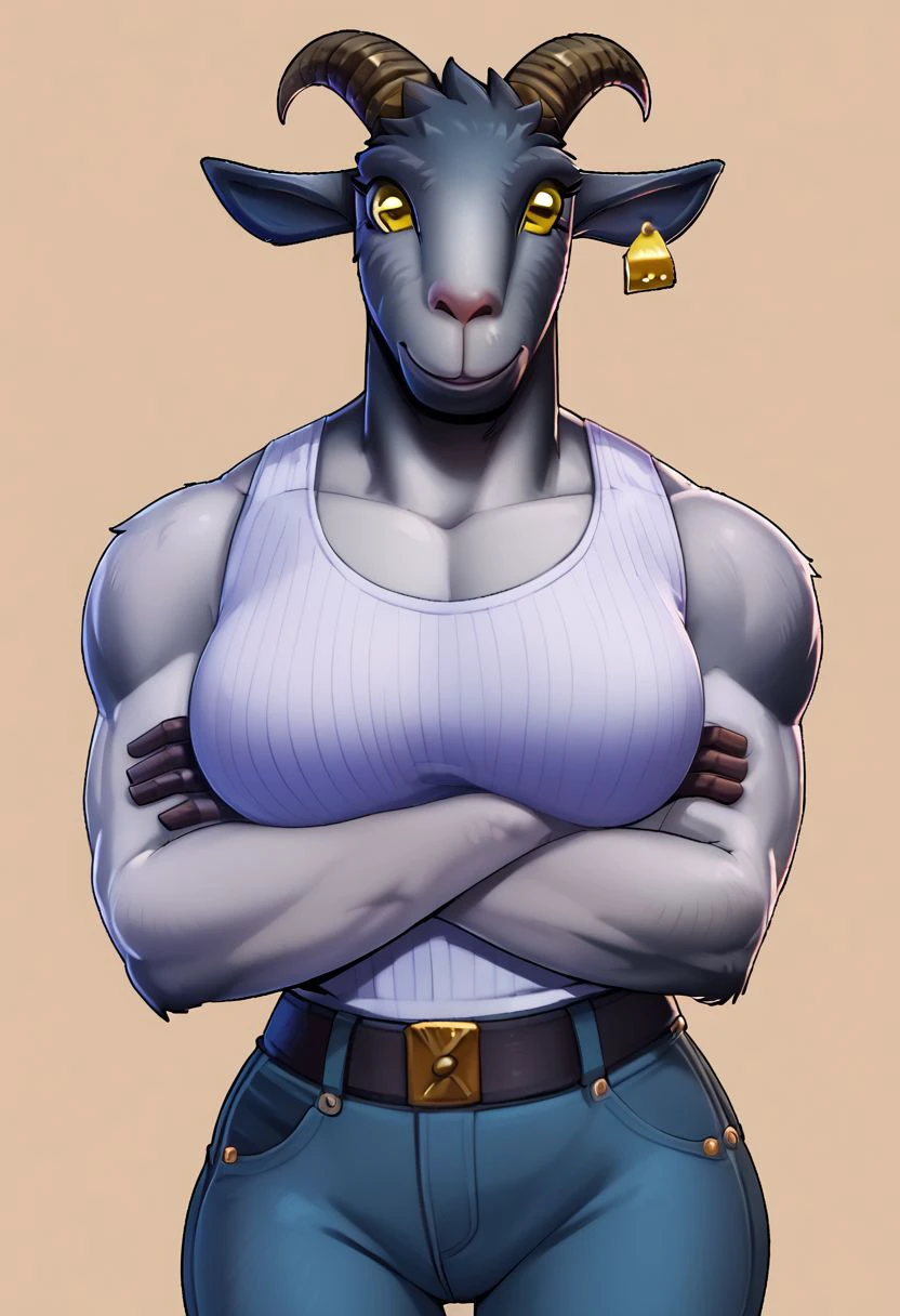 score_9,score_8_up,score_7_up, score_9, score_8_up, score_7_up, source_furry, Pilgor, goat, glowing yellow eyes, fortnite, grey fur, bodybuilder, furry, breasts,  white tanktop, zourik, by zourik, pilgor, 1dk, denim jeans, ng_deepnegative_v1_75t, crossing arms, looking at viewer