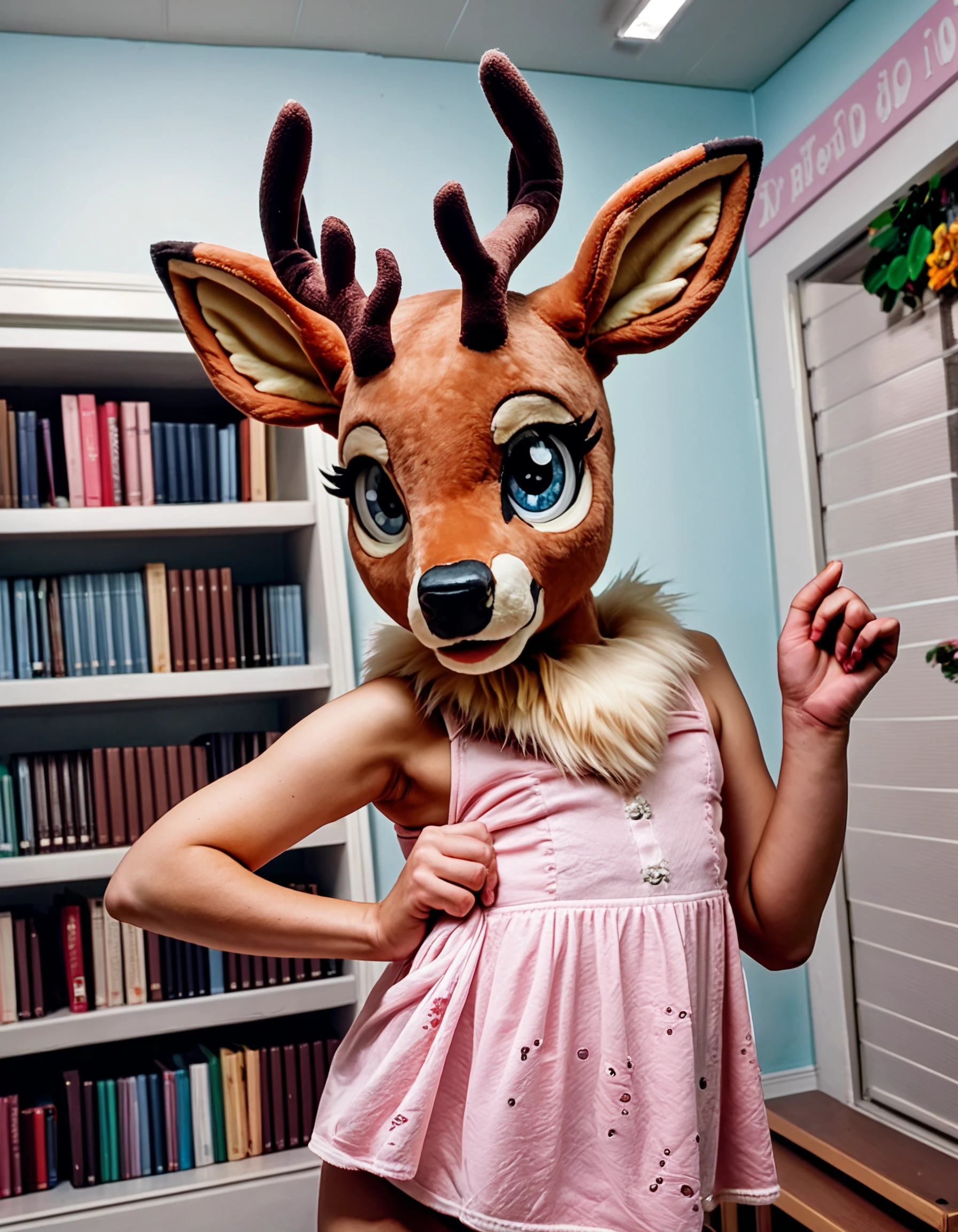 score_9, score_8_up, photo, realistic, photorealistic, human, 1girl, female, deer furryzsuithead mask, cute, standing, detailed background, library, solo