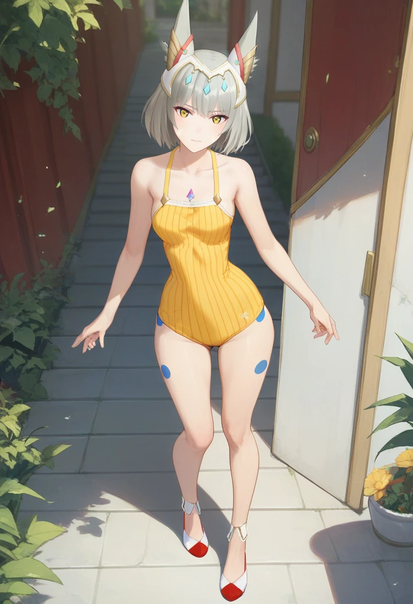 score_9, score_8_up, score_7_up, 1girl, solo, standing, yellow one-piece swimsuit, two-tone footwear, thigh markings, nia jewel, bob cut, face marks, yellow eyes, tiara, nia <lora:nia xl 062 fro 95:1>