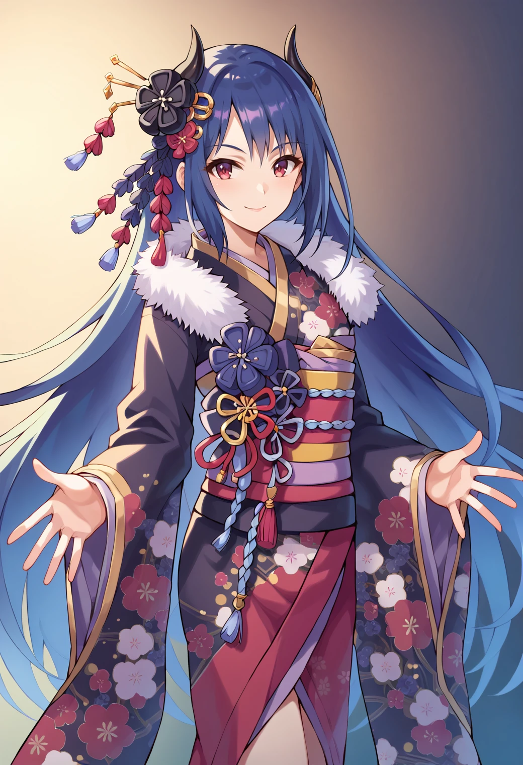 score_9, score_7_up, hd, (ultra hd quality details), gradient background,
solo, 1girl, reipcrbase, demon horns, very long hair,
japanese clothes, floral print, fur collar, hair ornament, flower, hair flower, fur trim, wide sleeves, sash, obi, tassel,
looking at viewer, smile,
standing, spread arms,
<lora:_rei_pcr-elesico-pony-e12:0.8>