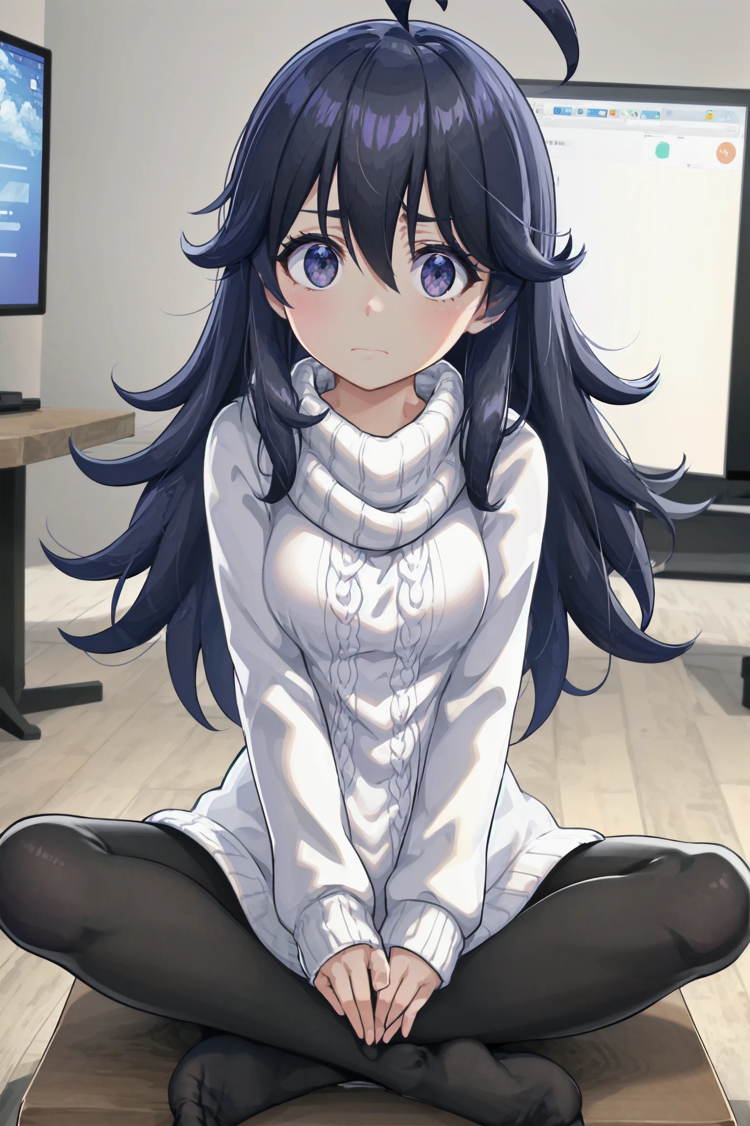 absurdres, high detail, 4k, indoors, multiple monitors, laptop on floor,
sitting, indian style, mug on table, hand on own head, frown,
kamisaman, ahoge, aran sweater, cable knit, long sleeves, white sweater, sweater dress, black pantyhose, no shoes
<lora:MGCM-kamisaman-t1:0.9>