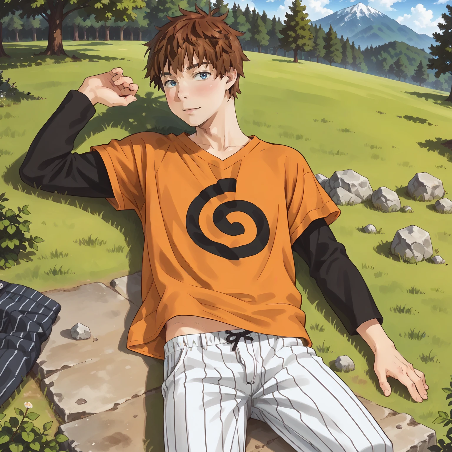 <lora:kazuyakinoshitaXLpony002>,
looking at viewer,
solo,
kazuyakinoshita,1boy,brown hair,short hair,blue eyes,
t-shirt,orange shirt,short over long sleeves,black sleeves,
pinstripe pants,
realistic,outdoors,
on back,