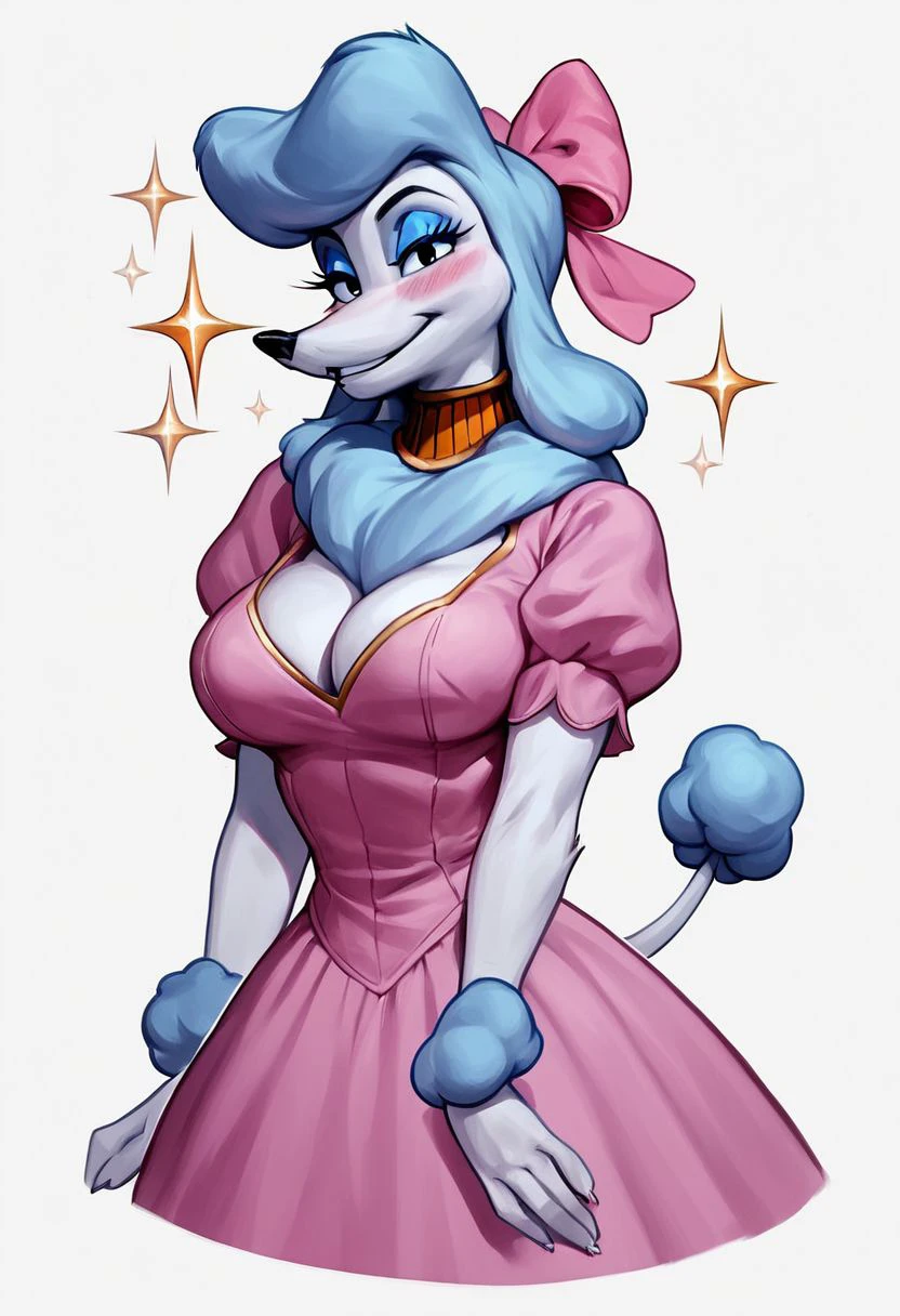 score_9,score_8,score_7,source_furry,
<1girl:1.5>,
<solo:1.5>,
georgette_oliver, georgette_poodle, 1girl, solo, breasts, furry female, tail, dress, blush, furry, blue hair, cleavage, smile, makeup, white background, bow, eyeshadow, genderswap, blue eyes, animal ears, hair bow, simple background, cropped legs, puffy sleeves, pink dress, short sleeves, short dress, sparkle, body fur, blue eyeshadow, large breasts, poodle_girl, anthro, sfw, safe,
detailed,
4k,
8k,
full hd,