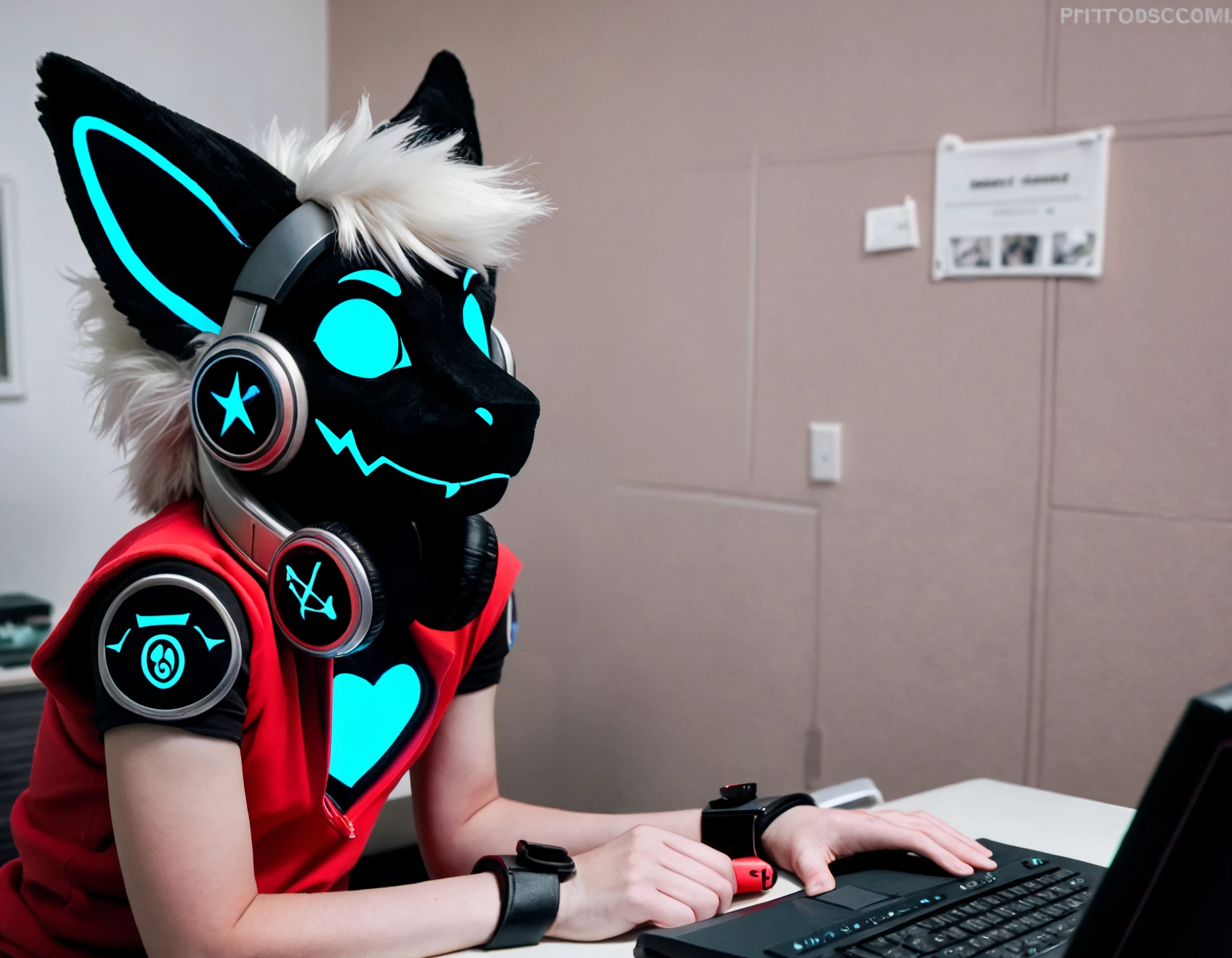 score_9, score_8_up, photo, realistic, photorealistic, human, 1boy, male, protogen furryzsuithead mask, cute, femboy, sitting at computer, detailed background, basement, dark, devious glare, evil glare, evil smirk, upper body, solo