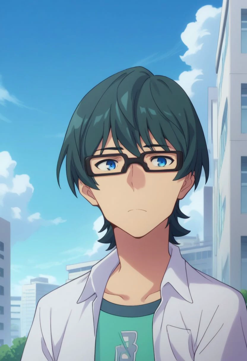 score_9, score_8_up, score_7_up, source_anime, highly detailed, 
utsumi, 1boy, male focus, solo, glasses, blue eyes, upper body, shirt,
open shirt, collared shirt, t-shirt, green t-shirt, green hair,
outdoor, sky, clouds. buildings,