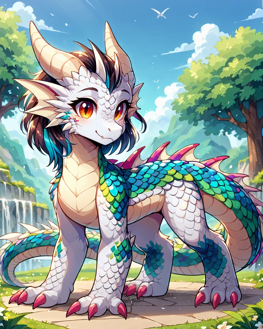 score 9, score 8 up, 1girl, masterpiece, furry, full body, pony, feral, cute, beautiful, pretty, scales, standing, all fours, dragon, <lora:MegaScalyPony:1>, MegaScalyPony