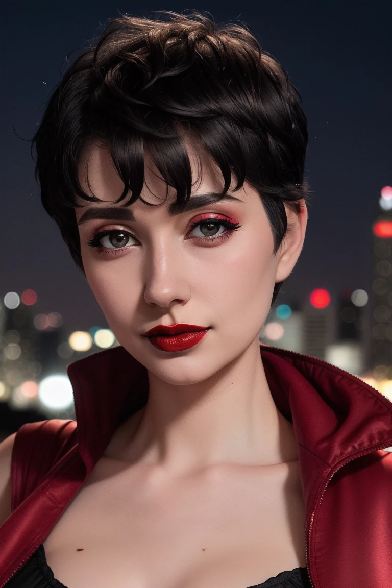 <lora:rocketbabey-07:0.5>,rocketbabey, ((detailed eyes, beautiful eyes, detailed face, beautiful face):1.2), ((short hair, pixie cut)), ((red lipstick, blush, pale skin)),  , ,photo of a woman, RAW, ((superman costume, superman logo, cape)),((short hair, pixie cut, messy hair, black hair)), ((rooftop, city, at night)), 8k uhd, dslr, soft lighting, high quality, film grain, Fujifilm XT3 sharp focus, f 5.6,((red lipstick, blush)) , slight smile