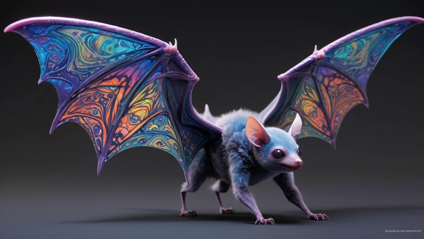 <lora:artfullySGLIDER_SDXL_V1-00002:1>, Skybound Glider: A small, bat-like mammal with membranous wings that are semi-transparent and adorned with vibrant patterns. Its body is covered in soft, iridescent fur that changes color with its emotions. It emits a melodic call that resonates through the alien forests.