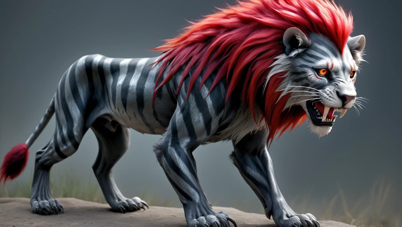 <lora:artfullyCSTALK_SDXL_V1:1.0>, Crimson Mane Stalker: A predator with a lion's build, sporting a striking red mane that flows like fire. Its fur is dark gray with silver stripes that catch the moonlight. The creature's teeth are long and sharp, glinting with a metallic sheen, 4 paws, hyperrealism, female