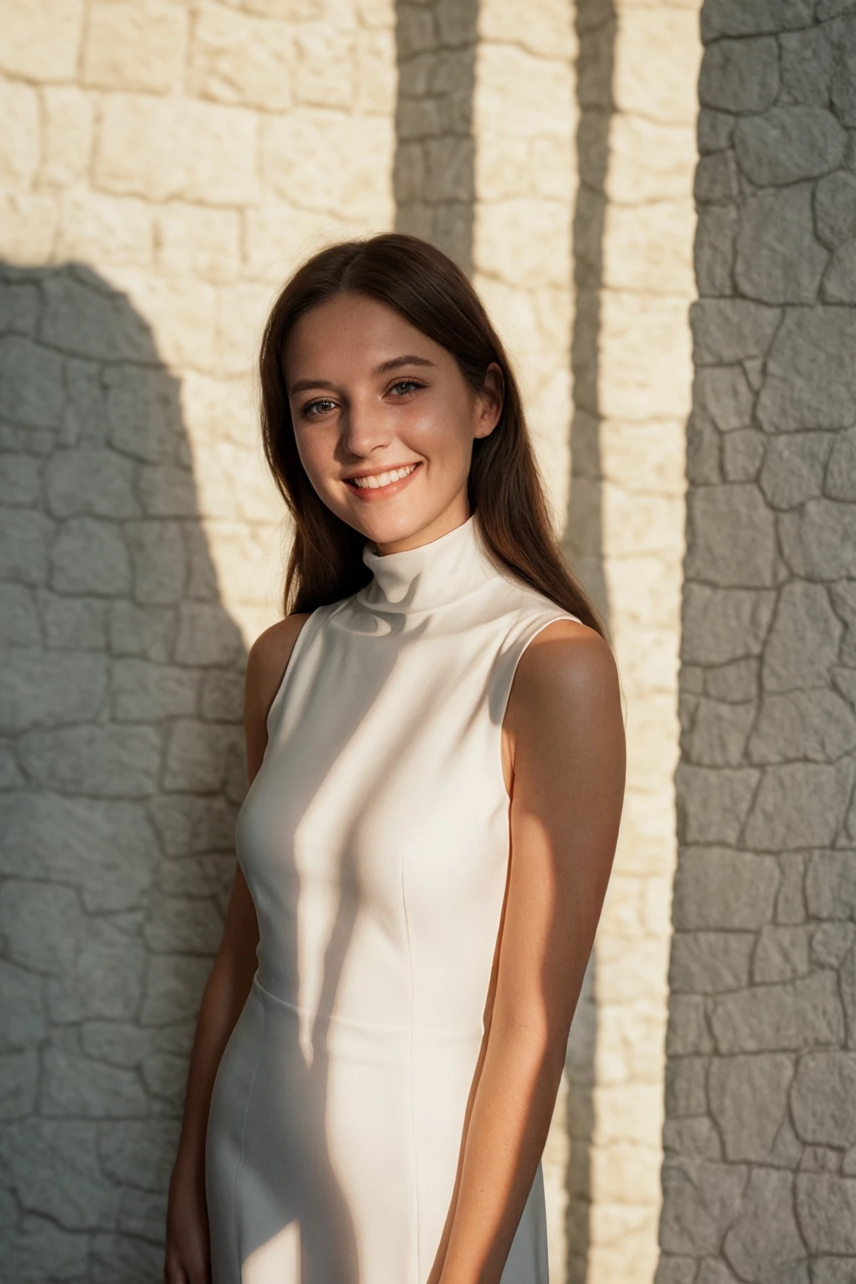 woman, smile, high neck dress, warm light, shadows