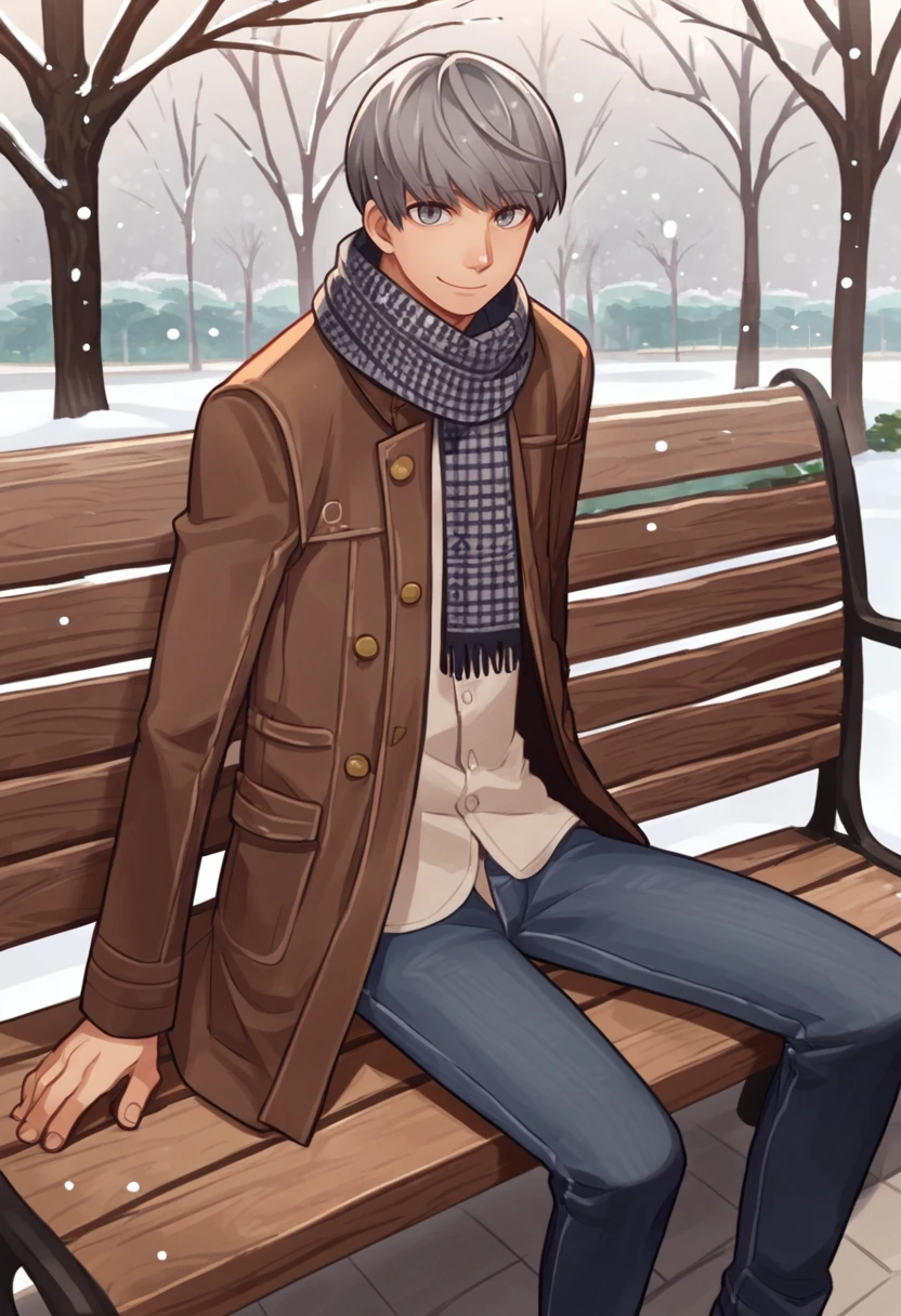 score_9, score_8_up, score_7_up, source_anime, solo, male focus, 1boy, narukami yu, slight smile, looking at viewer, sitting, park bench, grey hair, grey eyes, winter clothes, brown coat, jeans, scarf, snowing, outdoors <lora:persona4_yunarukami_ponyXL:1>