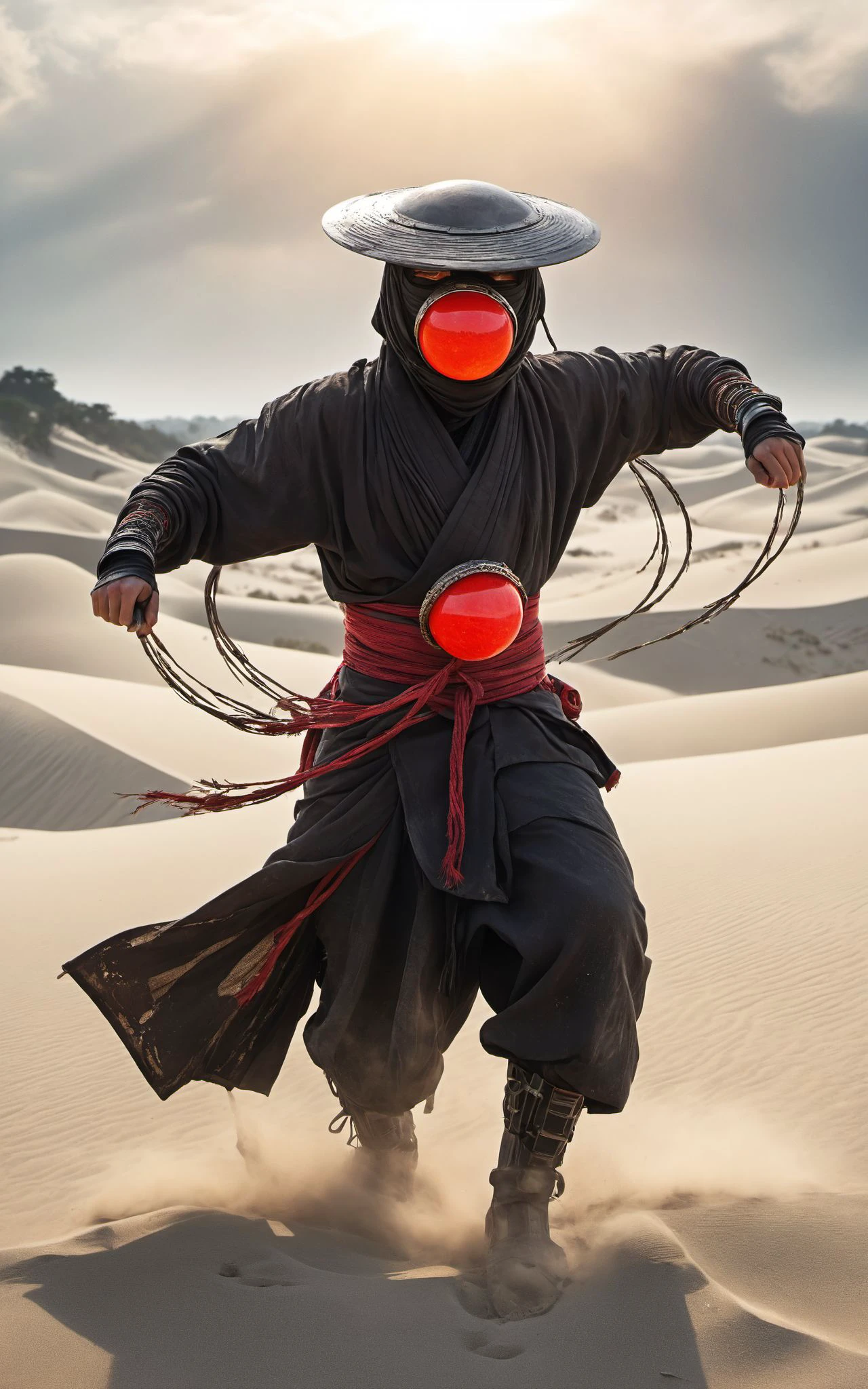 Capture the essence of a weathered,worn-out cyborg ninja amidst a swirling dust and electricity storm. Bent forward,obscured beneath a large,round sedge hat,their face barely visible. With arms outstretched,each hand holds a hovering,semi-molten red-gray orb. Against the backdrop of the sun,they stand in a desolate,bleached white sand desert.,