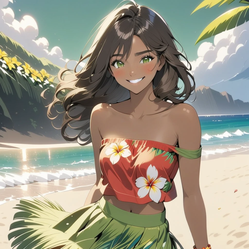 a beautiful (((black haired girl,))) very long messy hair, beautiful detailed deep green eyes, (((brown skin))), tan skin, (hawaiian), cute and beautiful face, relaxed smile, medium breasts, hawaiian clothes, tropical print cropped red cotton (sleeveless strapless off shoulder top:1.7)(,knee length green grass skirt:1.5), barefoot, toned midriff, red tropical flower in her hair, flower bracelet, flower lei necklace, upper body view, colorful, front angle, (masterpiece:1.2), (best quality:1.2), ultra-detailed, best shadow, detailed background, high contrast, (best illumination, an extremely delicate and beautiful), ((cinematic light)), hyper detail, dramatic light, intricate details, 8k, anime, very aesthetic, hula dancing on the sand, beautiful hawaiian beach, sparkling blue ocean, waves, white sand, fluffy clouds in the sky,  summer season, flower petals blowing in the wind, beach in the background, breezy weather, natural lighting, golden hour lighting, morning time, skirt blowing in the wind, hair blowing in the wind, hawaiian beauty, beautiful smile, happy, wink blush, outdoors