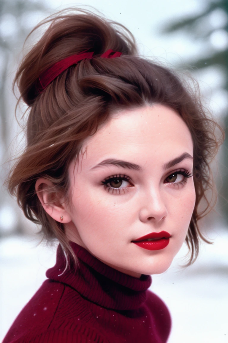 dianelane, a photo of a woman, ((detailed face, detailed eyes)), ((short hair, dark brown hair)), ((outdoors, snow, turtleneck sweater)), closeup, ((red lipstick, eye shadow, eyeliner))
