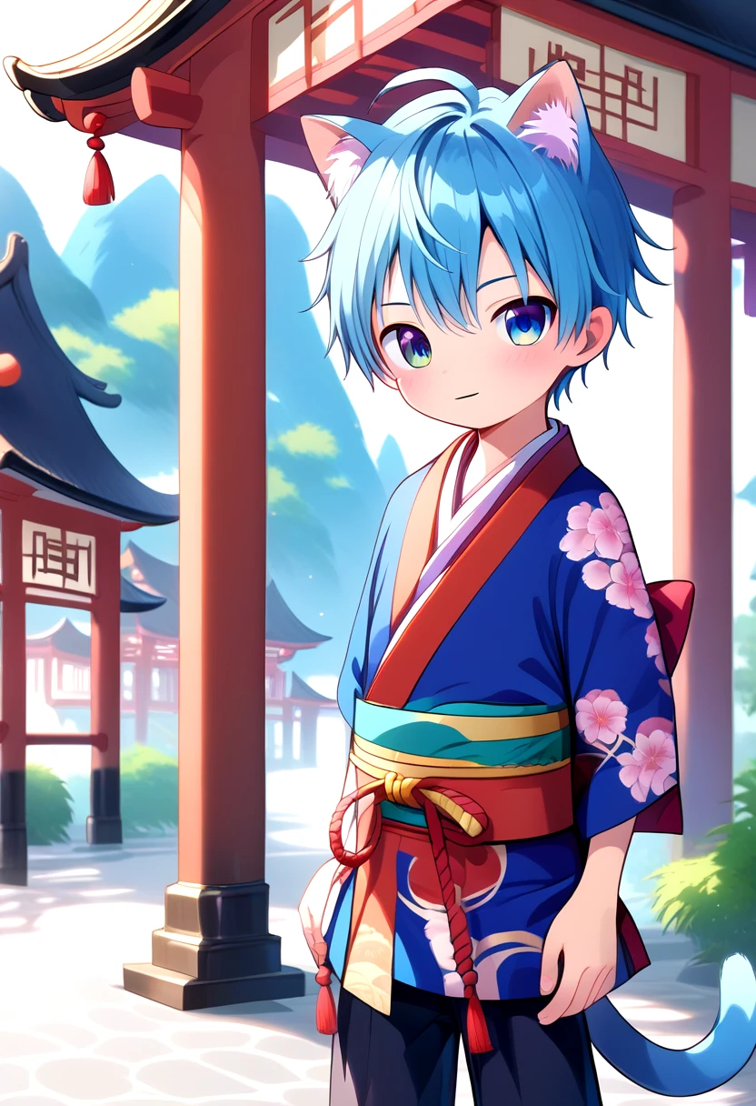 score_9, score_8_up, score_7_up, rating_safe, BREAK
straight on shot, standing,detailed eyes, village,
<lora:cutifiedanimecharacterdesign_variant_type_G_PonyXL_v10:1>, 1boy, type-g,  cat boy, blue hair,  Kimono long pants