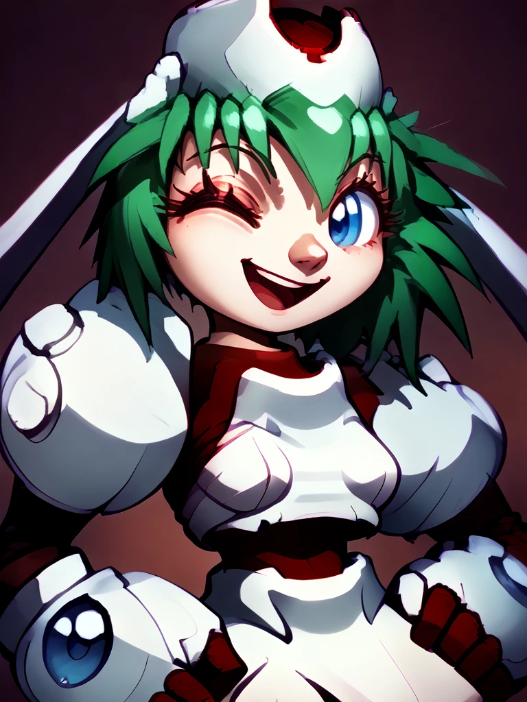 1girl, solo, Marina_Liteyears, green hair, blue eyes, human, small breasts, red dress, bare shoulders, smile, official, arms crossed, portrait, light skirt, red elbow gloves, looking at viewer, high resolution,  <lora:Marina_Liteyears_-_Mischief_Makers_-_1997-000009:1.25> open mouth, teeth, smile, happy, winking, one eye closed,, source_cartoon, score_9, score_8_up, score_7_up,