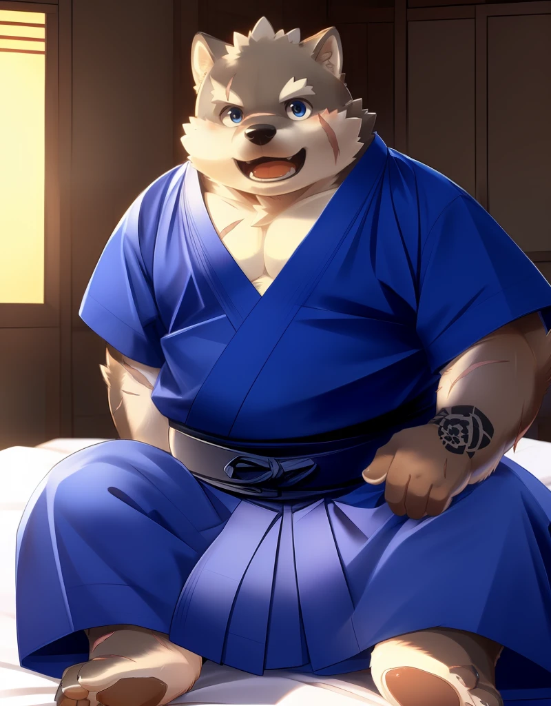 (((detailed eyes, detailed face))), (furry, moritaka <lora:character_moritaka_findigo_v2:1>, two-tone fur, dog boy, snout, black eyes, scar, tattoo on hand), male, (solo), (plump, fat, chubby, overweight), (blue kimono, short sleeves, blue hakama), sitting, (arms behind back), smile, (front view) BREAK (konzaburou, ukan_muri), bedroom, (flat shading, high brightness), 8k, UHD, masterpiece, (full body), (scar on face, scar on cheek, scar on chest, scar on arm, scar on nose)