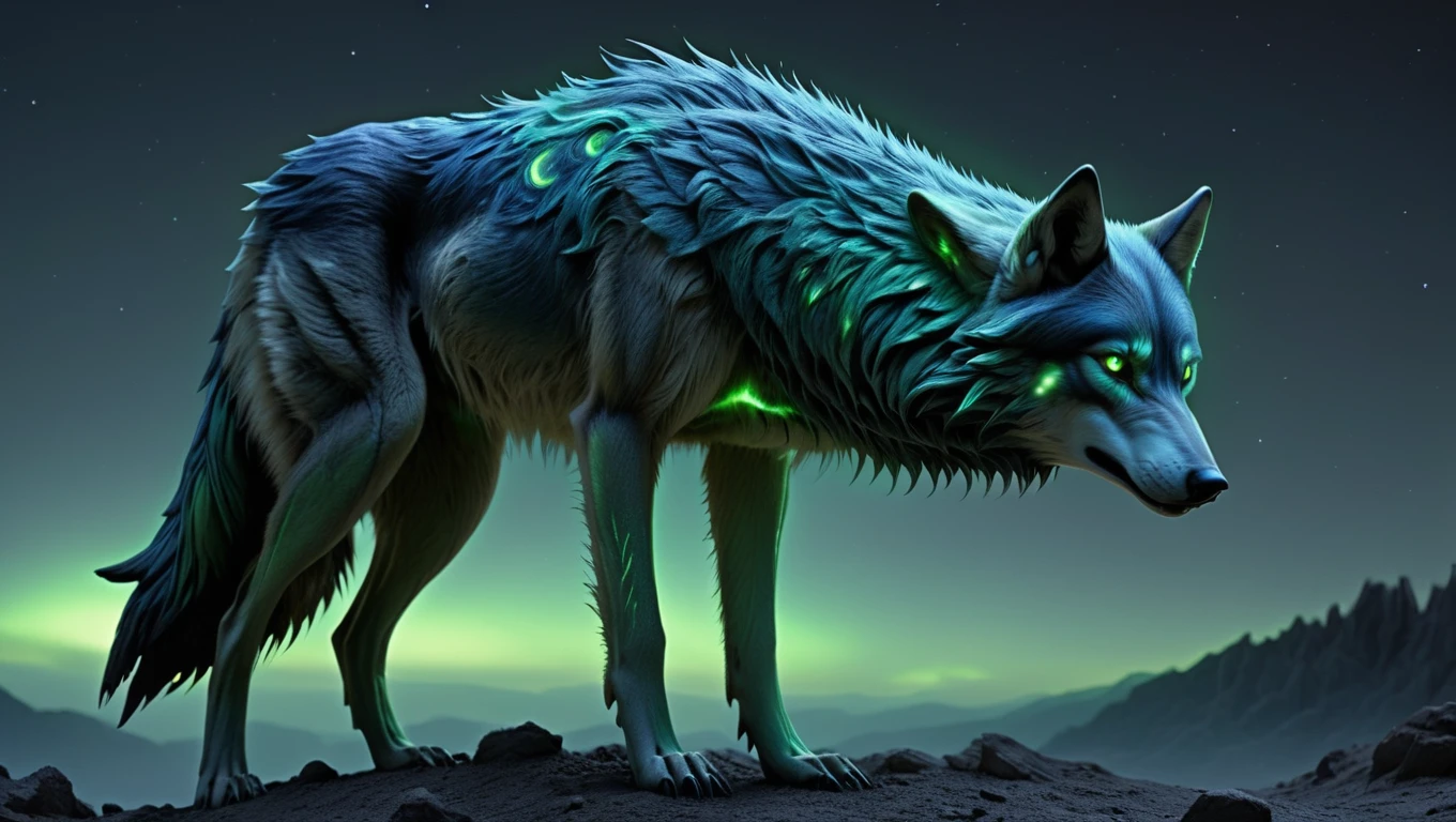 <lora:artfullyTHOWLER_SDXL_V1:.6>, artln, Twilight Howler: Wolf-like with a thick midnight-blue coat, camouflaging at night and glowing green eyes. It emits a hauntingly beautiful howl. (Realistic, hyperrealism, photograph, alien planet, alien species, masterpiece, detailed, best quality, professional)