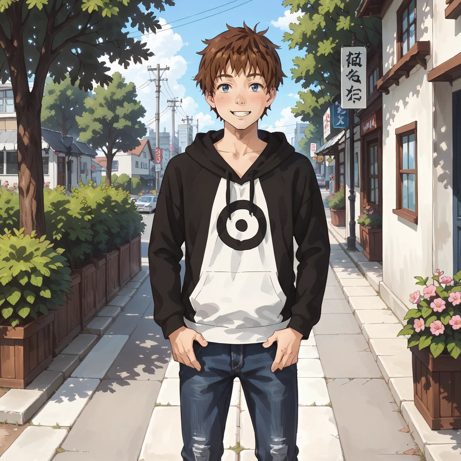 <lora:kazuyakinoshitaXLpony002>,
looking at viewer,smile,
solo,
kazuyakinoshita,1boy,brown hair,short hair,blue eyes,
realistic,outdoors,
standing,
hoodie,jeans,