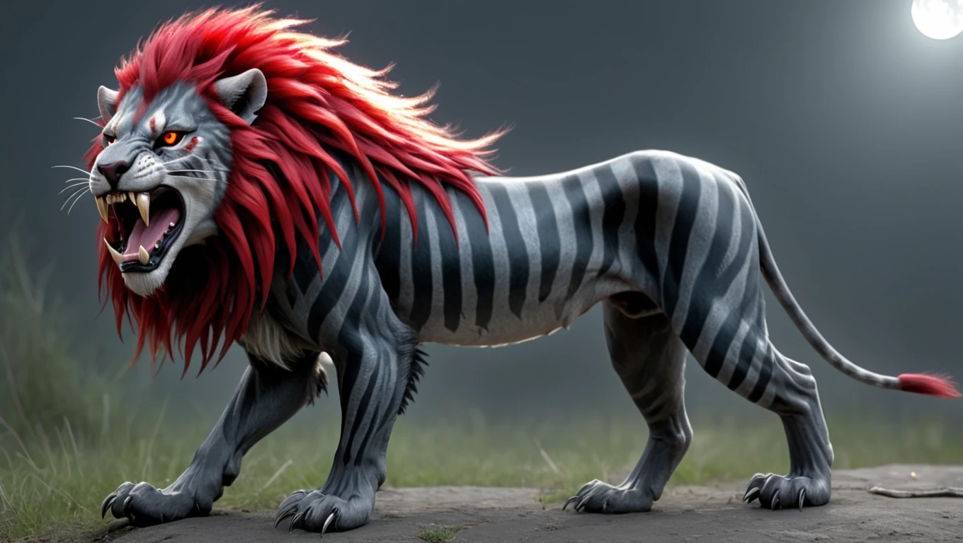 <lora:artfullyCSTALK_SDXL_V1:1.0>, Crimson Mane Stalker: A predator with a lion's build, sporting a striking red mane that flows like fire. Its fur is dark gray with silver stripes that catch the moonlight. The creature's teeth are long and sharp, glinting with a metallic sheen.