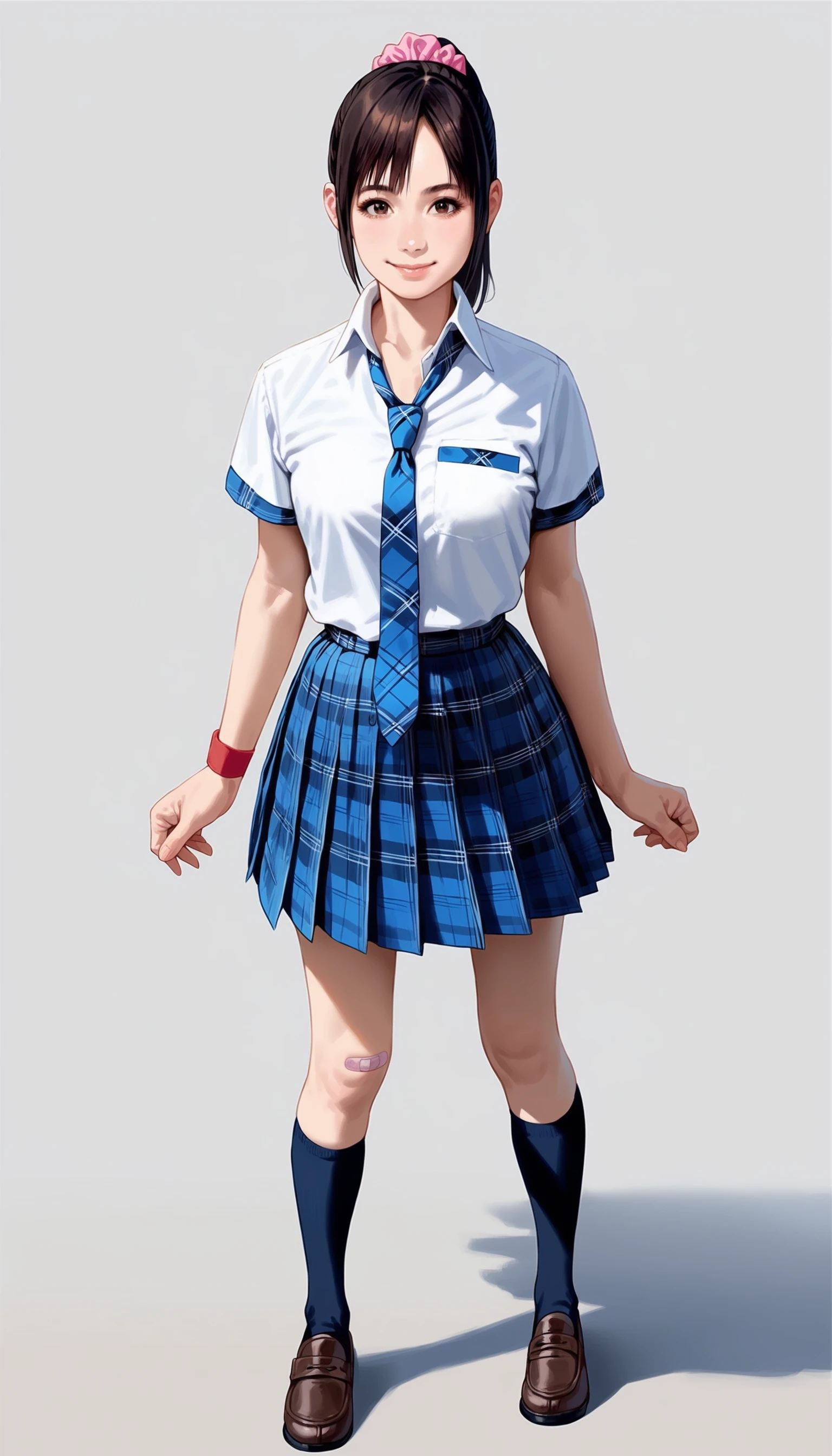 score_9,score_8_up,score_7_up,<lora:miiyamotoHikari:0.8>,
miiyamotohikari,1girl,solo,black hair,ponytail,bangs,brown eyes,pink scrunchie,school uniform,white shirt,white collar,blue plaid skirt,blue plaid necktie,red wristband,black kneehighs,bandaid on knee,leather shoes,looking at viewer,smile,medium breasts,best hips,standing,full body,white background,