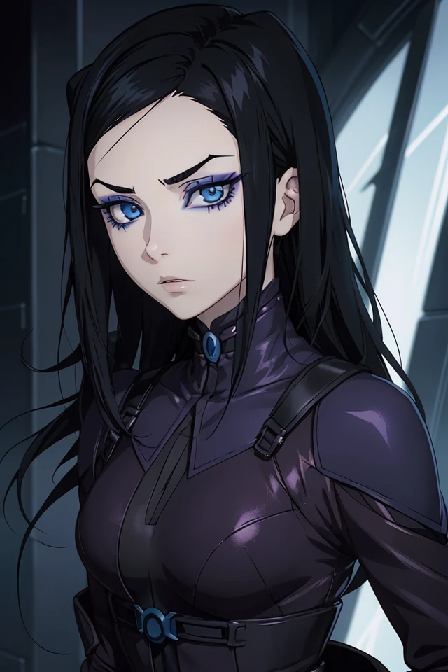 (ErgoProxy_ReLMayer), 1girl, solo, makeup, black hair, eyeshadow, long hair, blue eyes, looking at viewer, eyeliner, pale skin, eyelashes, blue eyeshadow, Thin eyebrows, side-swept bangs, cool, black tights, Purple waist bag, dark purple leather boots, close up portrait,