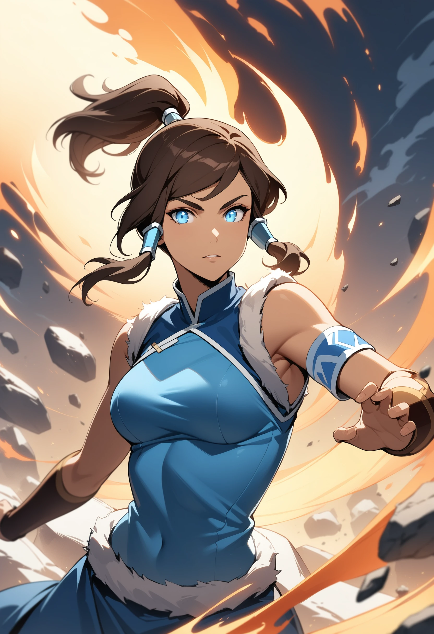 masterpiece, best quality, very aesthetic, absurdres,
1girl, korra, avatar legends, the legend of korra, blue eyes, brown hair, ponytail, blue shirt, element bending, fire, rock, wind, pelt, taut clothes, taut shirt, sleeveless, armband, sidelocks, looking at viewer, fighting stance,