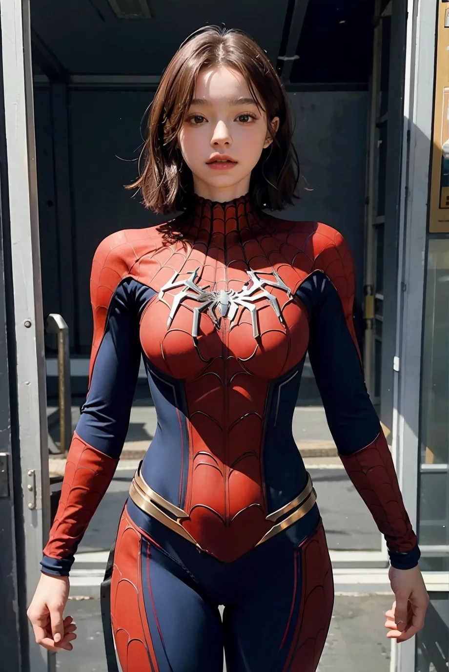 (masterpiece), best quality, perfect body, 18yo GIRL, spiderman armor suit,   <lora:ememyers-02:1>