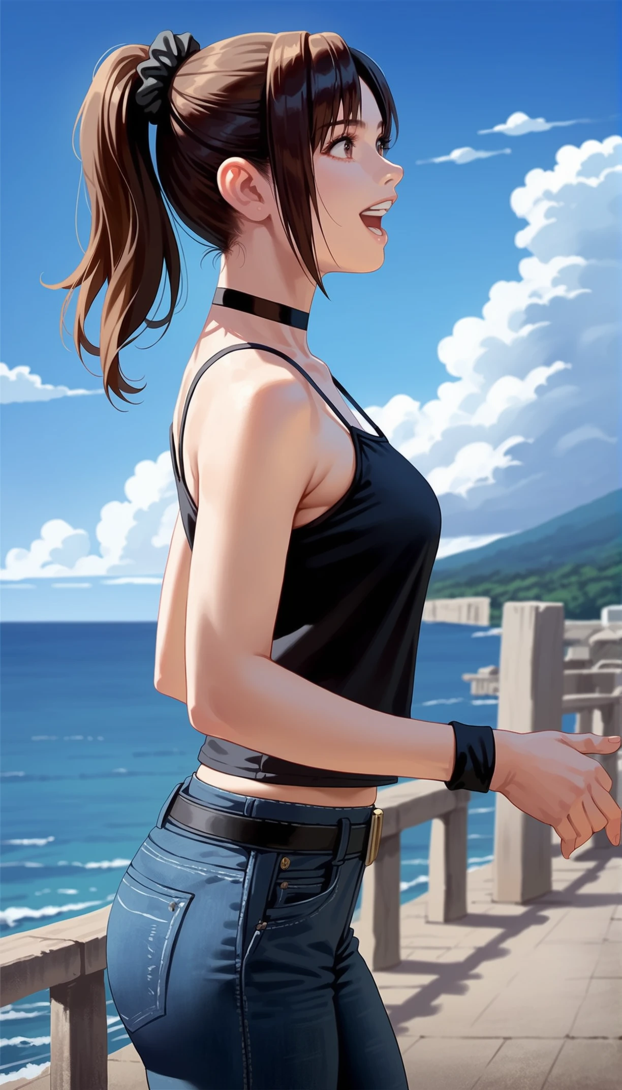 score_9,score_8_up,score_7_up,
<lora:miiyamotoHikari:0.7>,miiyamotohikari,
1girl, solo, black hair, bangs, ponytail, black scrunchie, brown eyes, looking to the side, happy, open mouth, teeth, camisole, black camisole, jeans, tight clothing, belt, choker, jewelry, black wristband, medium breasts, standing, from side, cowboy shot,
outdoors,blue sky,sea,cloud,street,railings,distant large bridge,distant mountains,clear blue sky,soft clouds drifting,summer,beautiful landscape,vignetting,blurry background,