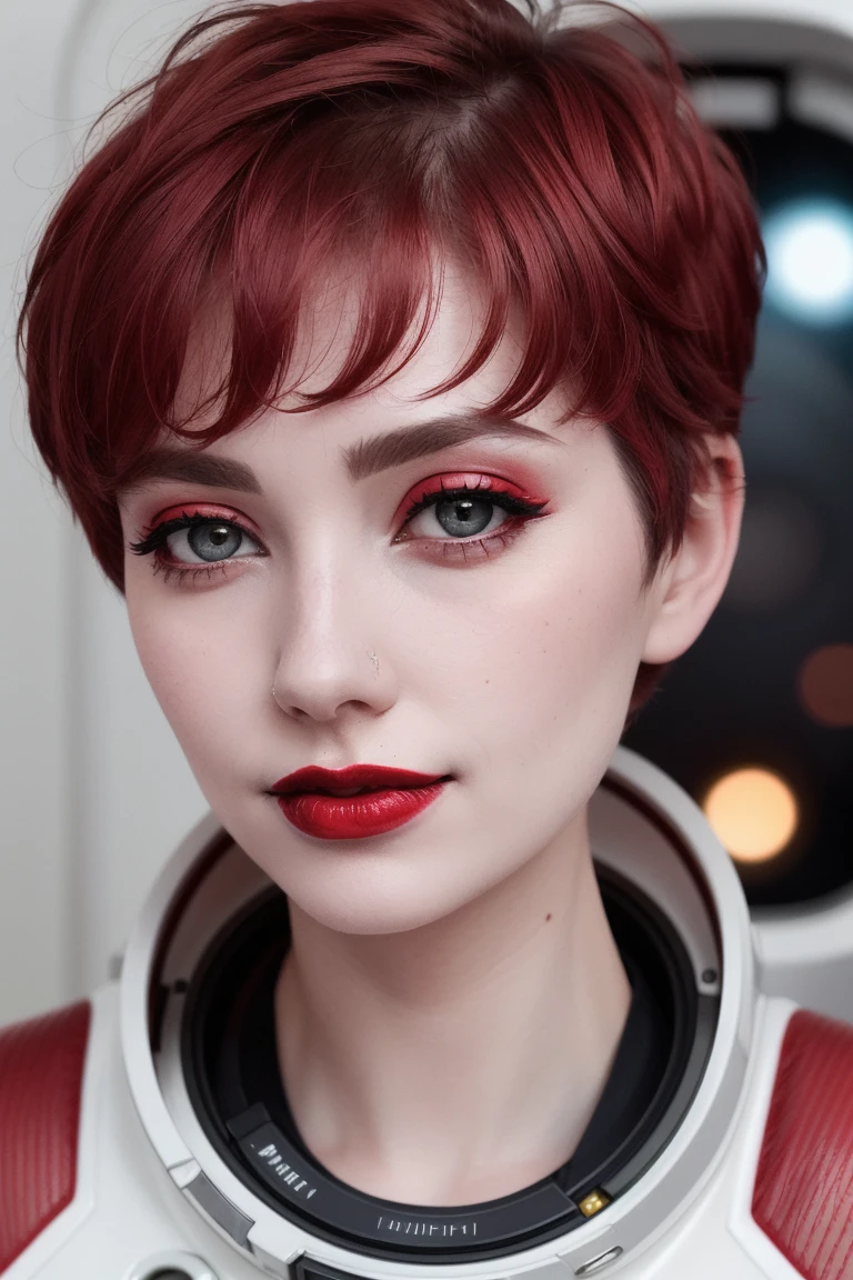 <lora:rocketbabey-07:0.5>,rocketbabey, ((detailed eyes, beautiful eyes, detailed face, beautiful face):1.2), ((short hair, pixie cut)), ((red lipstick, blush, pale skin)),  ,photo of a woman, RAW, ((detailed scifi spacesuit, outer space, scifi details)), ((short hair, dark red hair)),  , 8k uhd, dslr, soft lighting, high quality, film grain, Fujifilm XT3 sharp focus, f 5.6,((red lipstick, pale skin)) , smiling