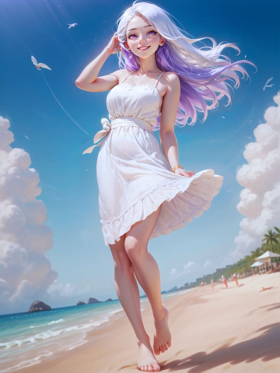 1girl, beach, floating hair, full body, dutch angle, adjusting hair, wind, white sundress, floating clothes, white hair, purple hair, blue sky, looking at viewer, light smile, closed mouth, wind lift, skirt tug, barefoot,