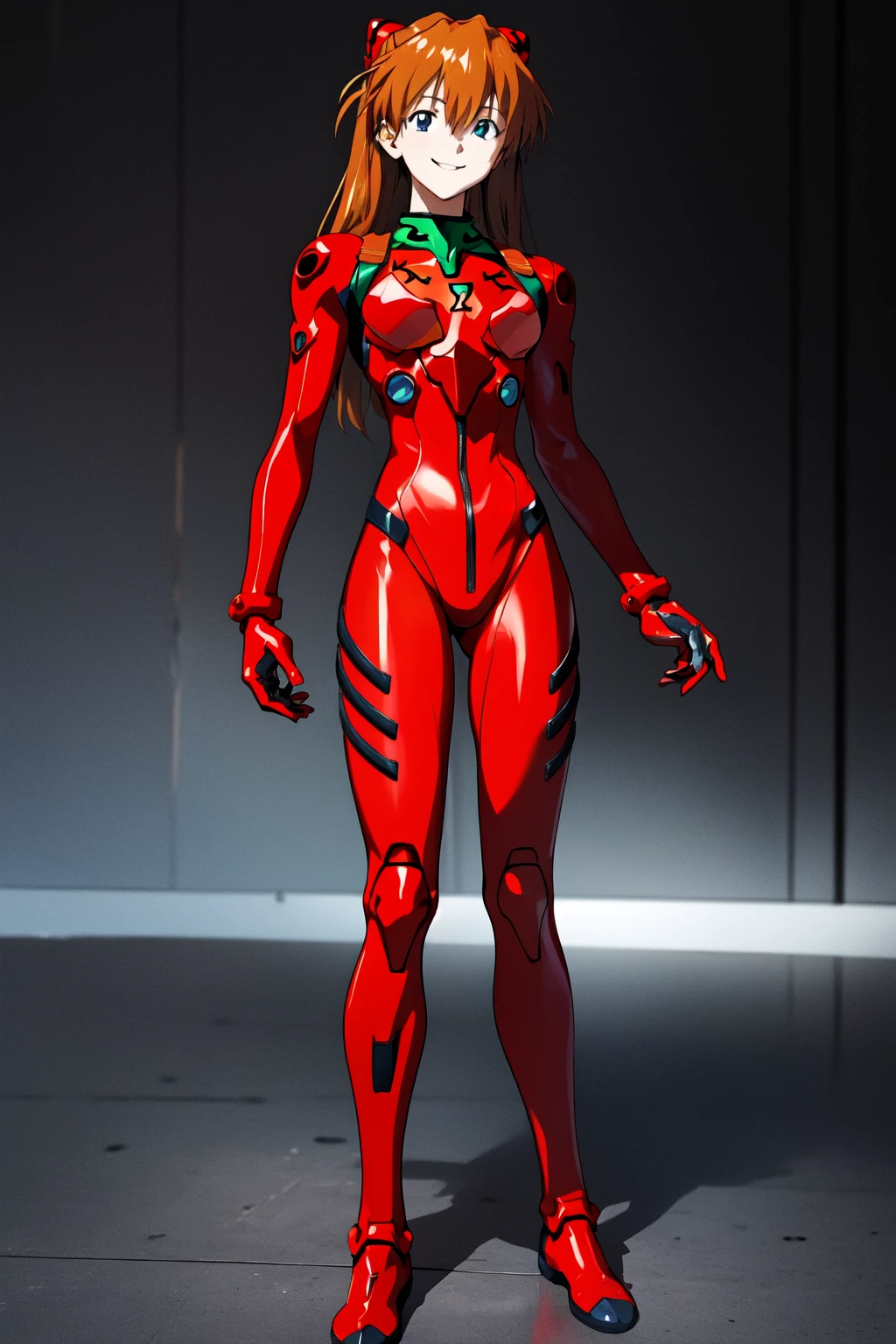 (RAW photo, best quality), 1girl,  natural lighting <lora:asuka_v1_2:0.9> ppasuka, plugsuit, smile, full body, cross arms,