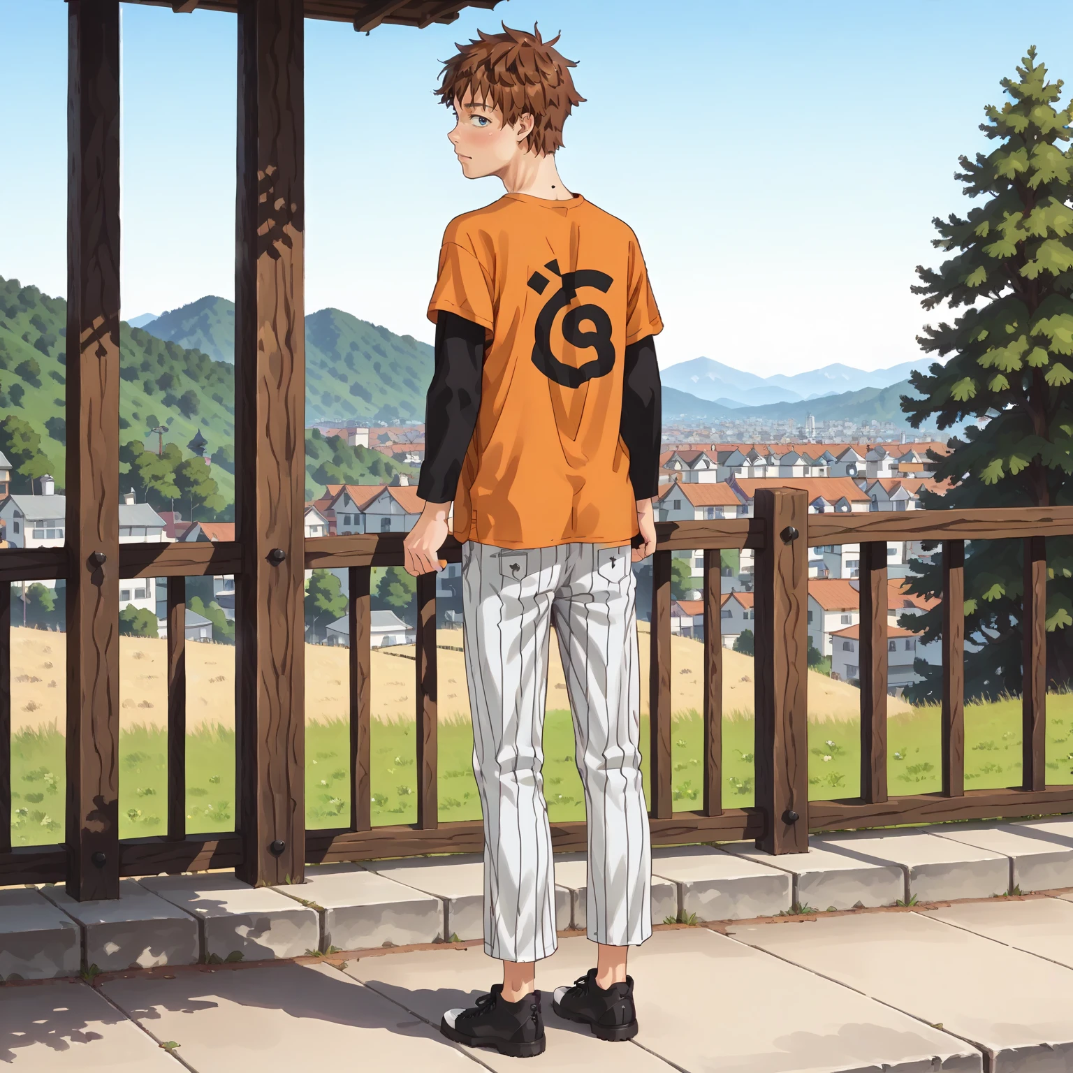 <lora:kazuyakinoshitaXLpony002>,
solo,
kazuyakinoshita,1boy,brown hair,short hair,blue eyes,
orange shirt,short over long sleeves,black sleeves,
pinstripe pants,
full body,
realistic,outdoors,looking back,