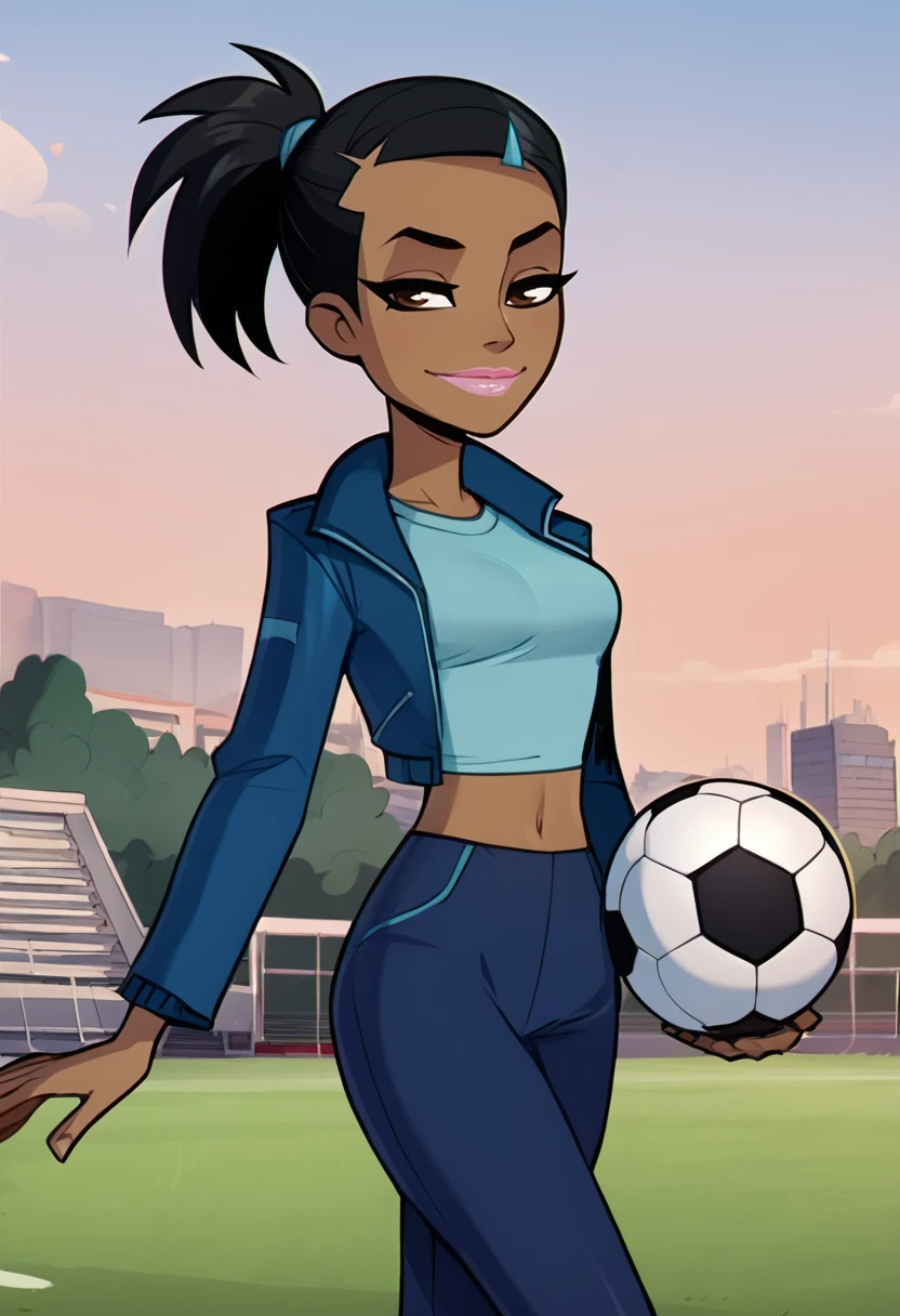 score_9, score_8_up, score_7_up,score_6_up, source_anime,city,  <lora:ratatatat74_pony_v2:1>
BREAK
samirafc, 1girl, dark skin,dark-skinned female, brown eyes, black hair,black hair,blue jacket,hairclip, midriff, blue shirt, bule pants, pink lips,ponytail, medium breast,standing,crossed legs, smirk,soccer ball,    <lora:Samira-08:0.6>