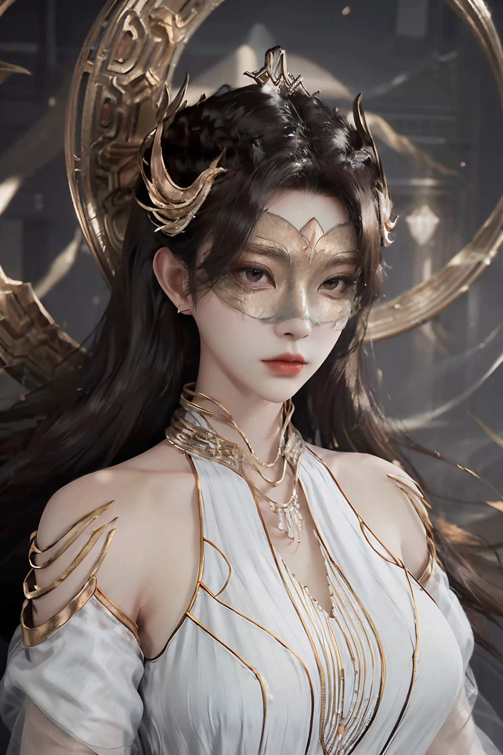 <lora:RuthlessEmperor:1>,henrendadi,1girl,solo,long hair,brown hair,mask,white dress,dress,brown eyes,looking at viewer,hair ornament,necklace,bare shoulders,jewelry,upper body,portrait,realistic,