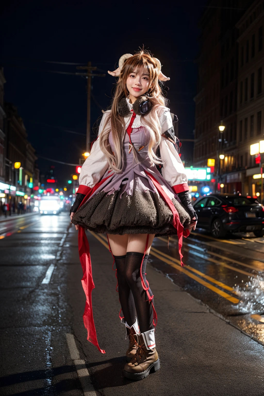 best quality,masterpiece,realistic,photorealistic,1girl,solo,smile,looking at viewer,standing,full body,eyjafjalla cosplay costume,eyjafjalla,arknights,cosplay,brown hair,long hair,animal ears,horns,sheep horns,dress,white cape,gloves,headphones around neck,ribbon,thighhighs,ankle boots,outdoors,night,neon lights,light,people,detail background,<lora:Arknights_Eyjafjalla_cosplay_v1:0.7>,<lora:Background_Detail_v3:1>,<lora:background & distence control:-1>,<lora:add_detail:1>,