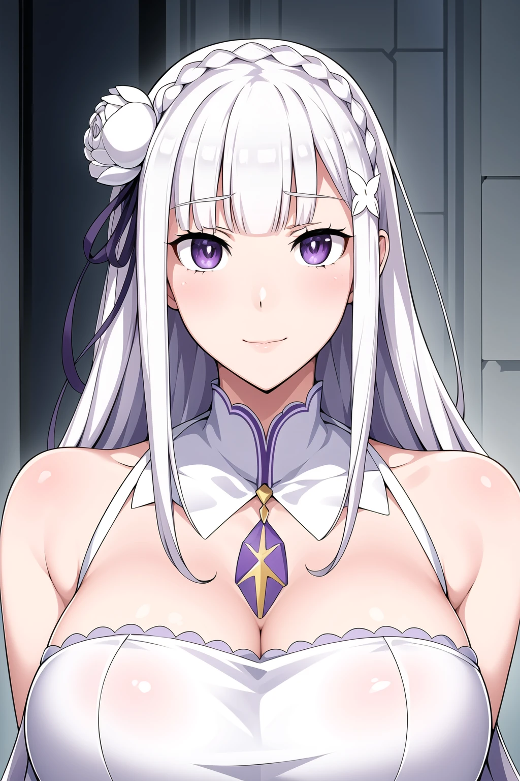 Simple White Background,
dynamic pose,standing at attention,
miniskirt, pleated skirt, White dress,bare shoulders,  detached sleeves,white collar, cleavage, cleavage cutout, 
<lora:Emilia_Rezero-KK77-V1:0.7>,emilia \(re:zero\),hair flower, hair ornament, hair ribbon,white flower,
purple eyes, silver hair,blunt bangs,Long hair,braid,
<lora:more_details:0.1>,<lora:Oda_Non_Style-KK77-V2:0.1>,<lora:Sexy_AIart-KK77-V1:0.1>,
1 girl, 20yo,Young female,Beautiful long legs,Beautiful body,
Beautiful Nose,Beautiful character design, perfect eyes, perfect face,expressive eyes,perfect balance,
looking at viewer,(Focus on her face),closed mouth, (innocent_big_eyes:1.0),(Light_Smile:0.3),
official art,extremely detailed CG unity 8k wallpaper, perfect lighting,Colorful, Bright_Front_face_Lighting,White skin,
(masterpiece:1.0),(best_quality:1.0), ultra high res,4K,ultra-detailed,
photography, 8K, HDR, highres, absurdres:1.2, Kodak portra 400, film grain, blurry background, bokeh:1.2, lens flare, (vibrant_color:1.2),professional photograph,
(Beautiful,large_Breasts:1.4), (beautiful_face:1.5),(narrow_waist),