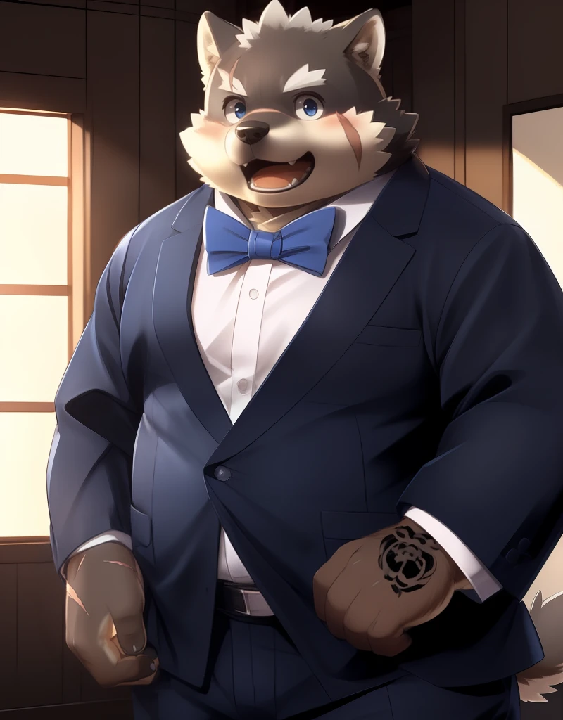 (((detailed eyes, detailed face))), (furry, moritaka <lora:character_moritaka_findigo_v2:1>, two-tone fur, dog boy, snout, black eyes, scar, tattoo on hand), male, (solo), (plump, fat, chubby, overweight), (black suit, long sleeves, blue bowtie, black pants), standing, (arms behind back), smile, (front view) BREAK (konzaburou, ukan_muri), bedroom, (flat shading, high brightness), 8k, UHD, masterpiece, (full body), (scar on face, scar on cheek, scar on chest, scar on arm, scar on nose)