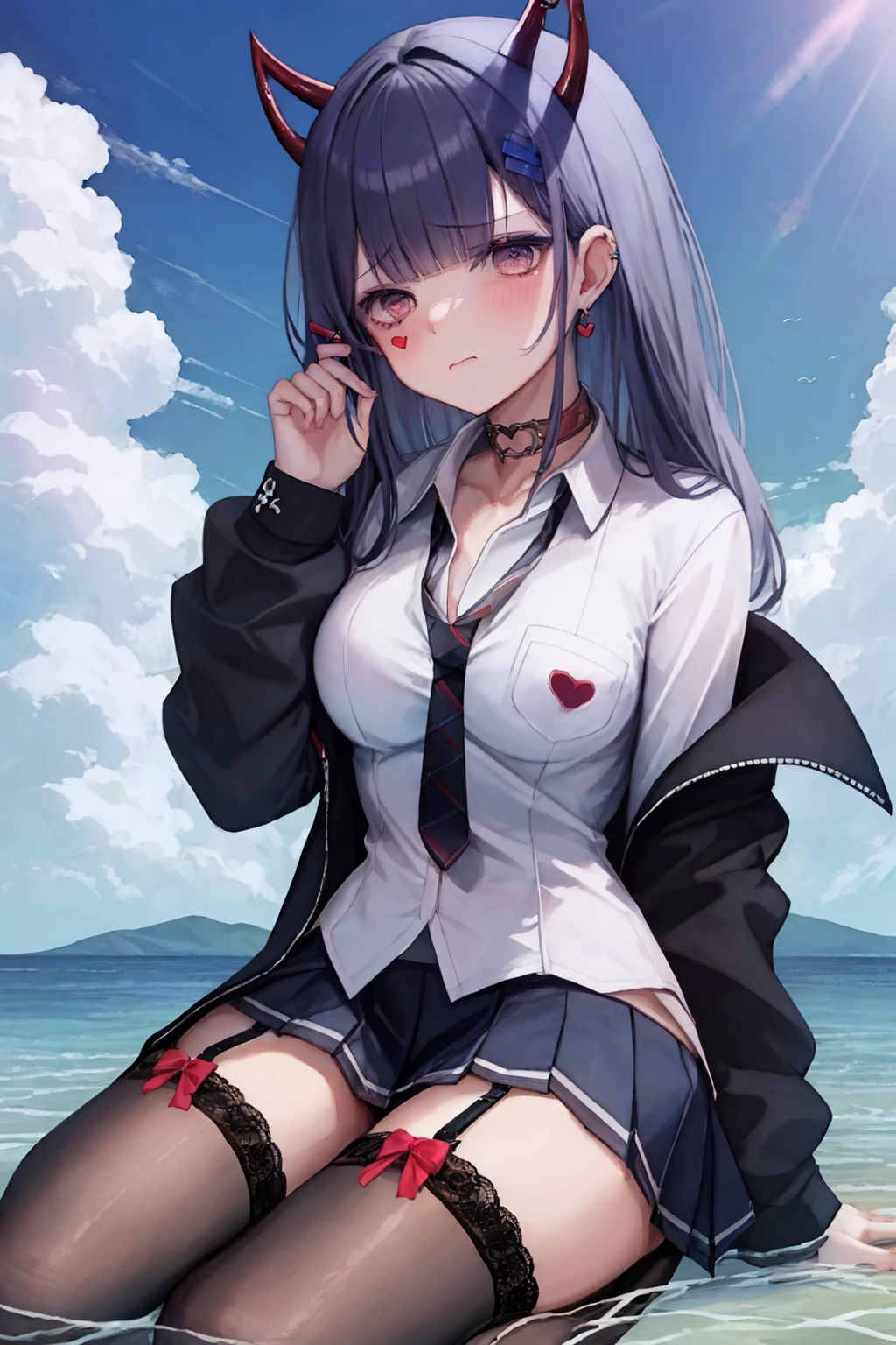 masterpiece, best quality, 1girl,  <lora:spakumaNihmune15:1> nihmune1st, demon horns, mole under eye, heart tattoo, hairclip, collar, loose necktie, black necktie, red choker, ear piercing, earrings, white shirt, collared shirt, black jacket, black shirt, pleated skirt, black thighhighs, garter straps, blue flower, blue sky, cloud, cloudy sky, day, flower, outdoors, sky, wading, water, white flower, arm support, blush, closed mouth, hand up, looking at viewer, sitting, solo, wariza, frustrated