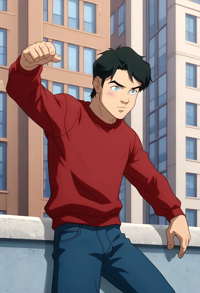 High Quality,  Billy batson,  solo, 1boy, black hair, blue eyes, red tshirt, bluejeans, , posing on the roof of a building,