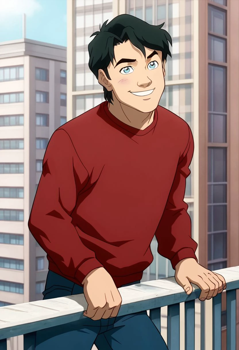 High Quality,  Billy batson,  solo, 1boy, black hair, blue eyes, red tshirt, bluejeans, smile, posing on the roof of a building,