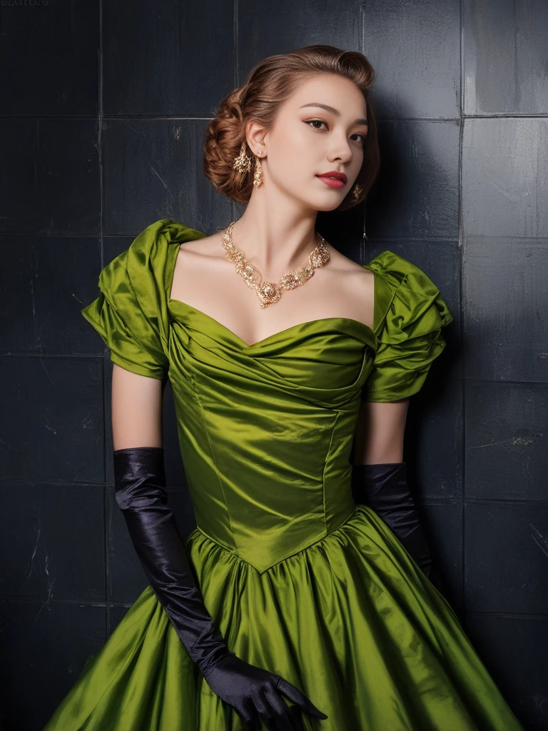 1girl, <lora:DA_CindKateDress_pony_v1:1> satin green dress, satin gloves, bolero, short sleeves, dark empty room, big black metal tiles wall, 
(score_9, score_8_up:1.1),score_7_up,score_6,raw photo, photorealistic, realistic, slim body, small breast, wide shoulder,