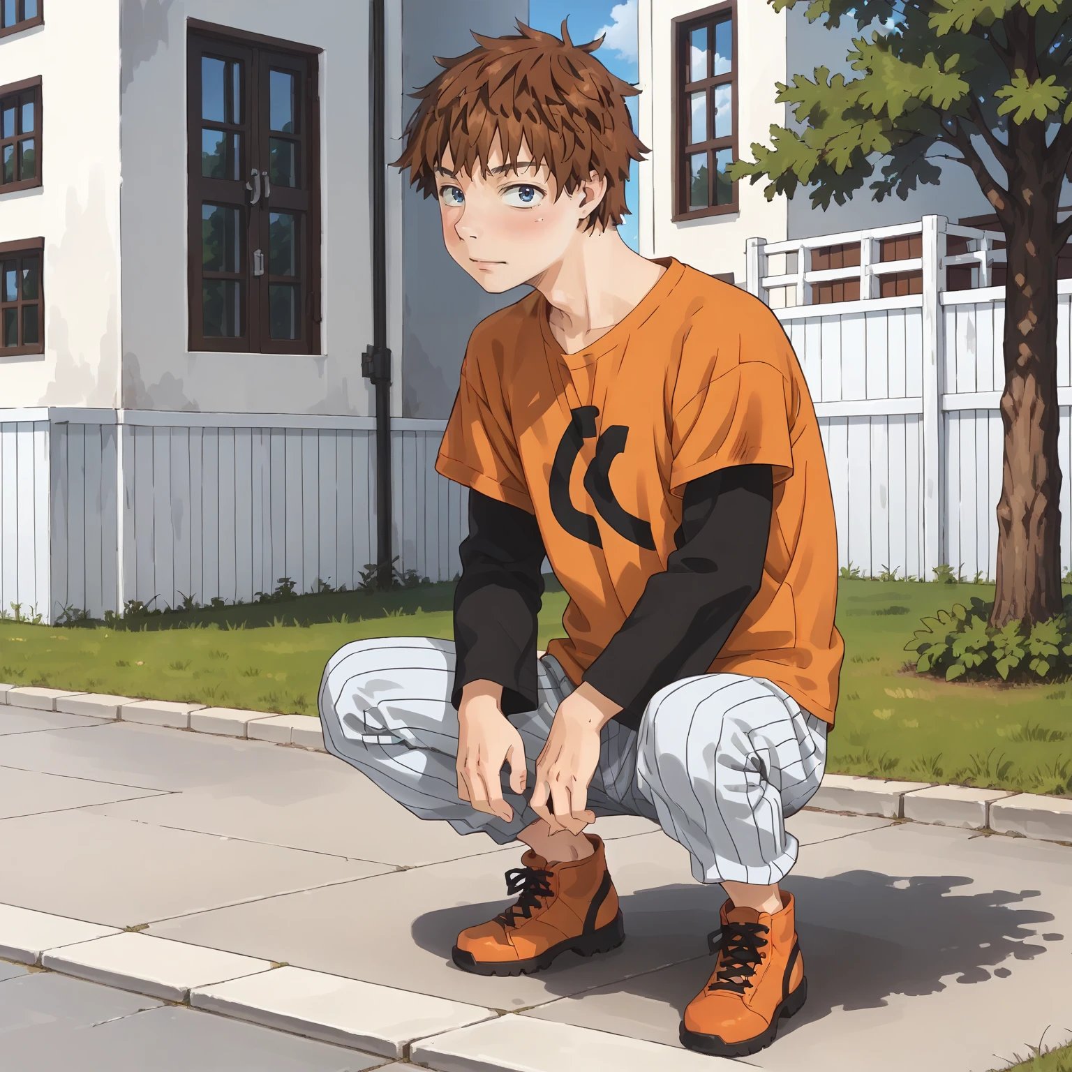 <lora:kazuyakinoshitaXLpony002>,
solo,
kazuyakinoshita,1boy,brown hair,short hair,blue eyes,
orange shirt,short over long sleeves,black sleeves,
pinstripe pants,
realistic,outdoors,
full body,squatting,