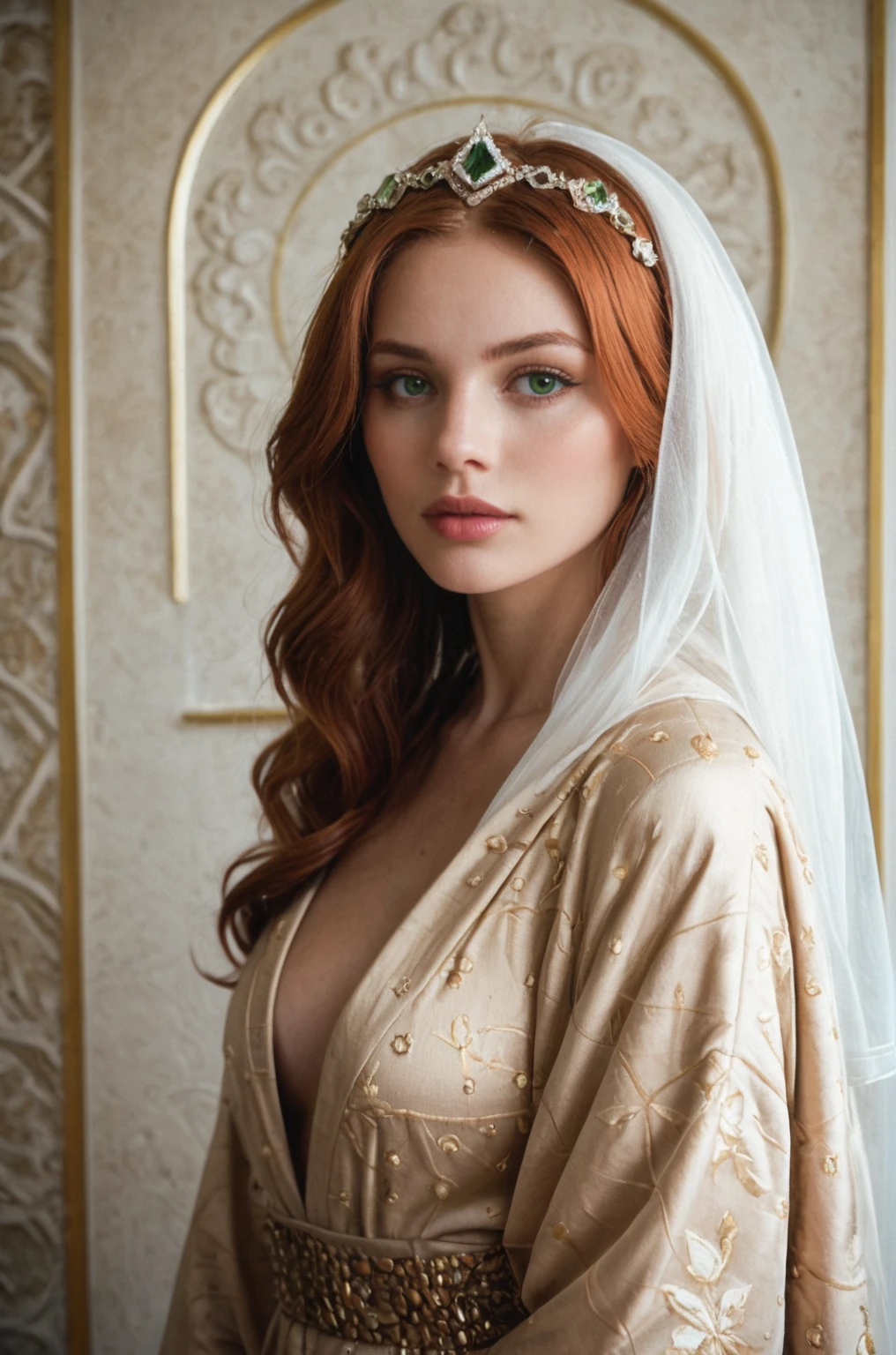 portrait of a regal woman with long, wavy auburn hair draped over her shoulders. She has a fair complexion with striking green eyes and full lips painted a deep burgundy. Her expression is serene, with a touch of melancholy. She is dressed in a luxurious velvet robe in a rich burgundy shade that complements her hair. Adorning her head is an ornate halo-like headpiece, radiating spikes embellished with intricate filigree patterns and embedded with an array of gemstones that catch the light. The background should be a textured, old gold leaf wall that adds an antique charm to the composition, making the subject appear as if she is a part of a Renaissance painting, (raw,score_8_up),photo, raw,realistic