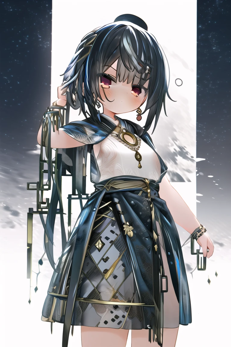 1girl, solo, jewelry, earrings, black hair, long hair, looking at viewer