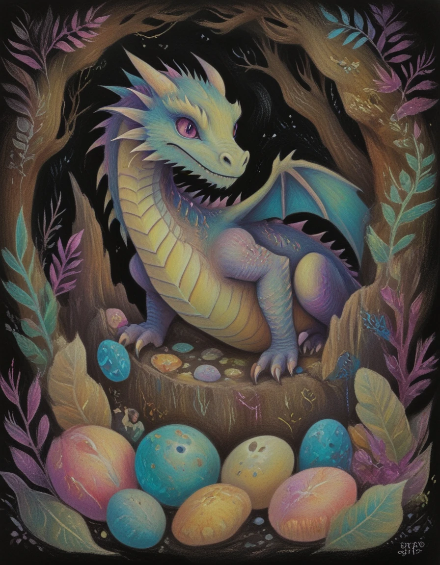 <lora:CBS_novuschroma13 style:1.5> novuschroma13 dragon in lair with its treasure style of pastels