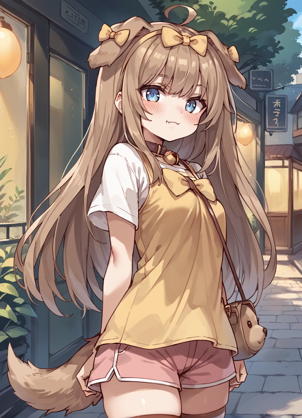 score_9,score_8,score_7_up,source_anime,1girl <lora:Butter_Pony_V1:1>,solo, brown hair, ahoge,animal ears, dog ears, blue eyes,fang, dog tail, long hair, :3,hair bow, neck bell,hairband,brown thighhighs, striped thighhighs, pink shorts, yellow bow, white t-shirt, dog handbag, blush, yellow tank top,ear bow, bowtie,