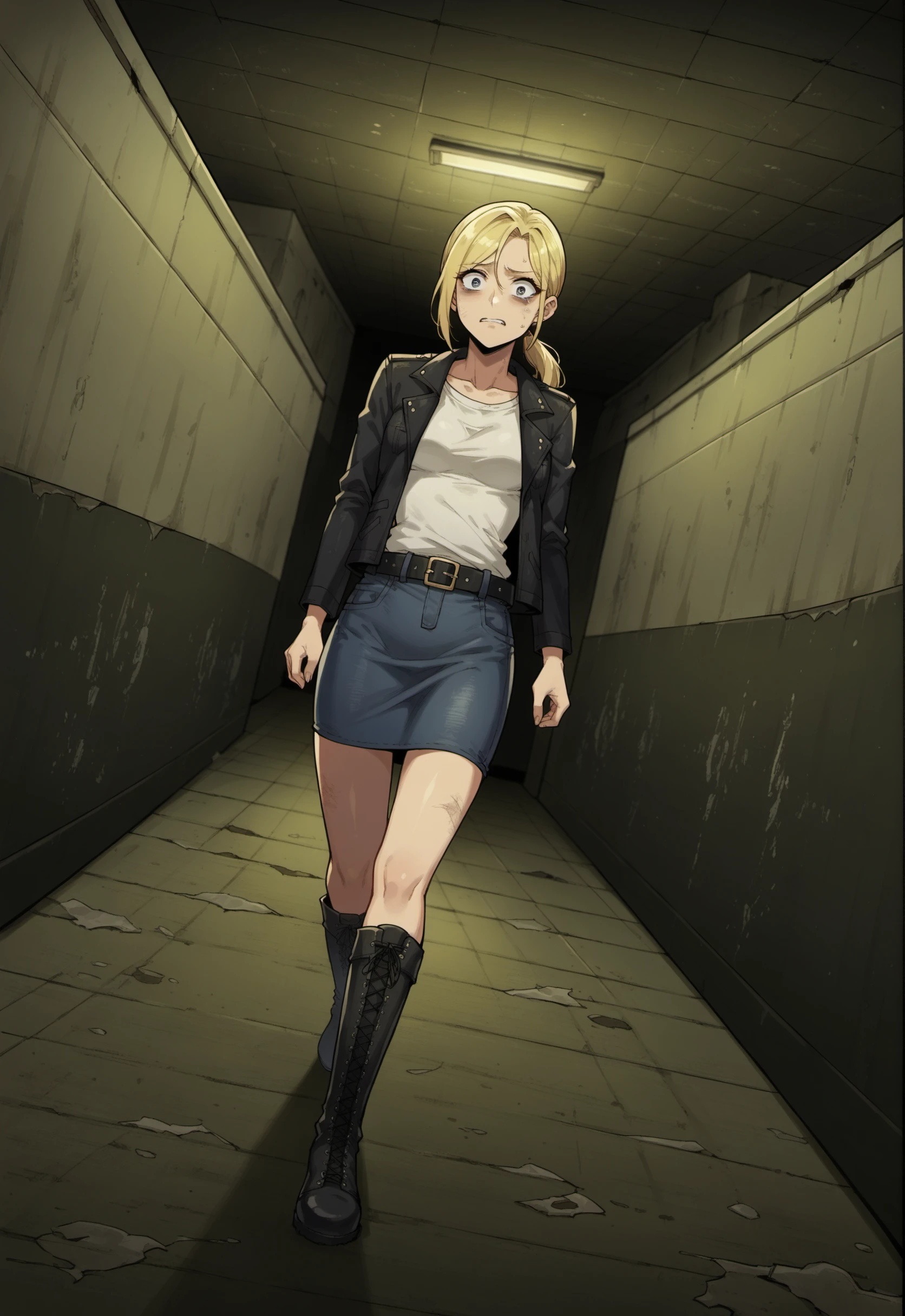 score_9, score_8_up, score_7_up, score_6_up, source anime
BREAK
1girl, blonde hair, ponytail, white shirt, small breast, denim jacket, blue skirt, leather boots, belt, walking, scared, looking to the side, worried, (cowboy shot:1.4), (dutch angle:1.8), 
BREAK
UUDC, indoors, horror \(theme\), dark, abandoned, underground, corridor, hallway, tunnel, concrete walls, peeling paint, dirty floor, cracked floor, dim lighting, decayed, damaged walls, neglected, concrete floor, shadows, urban decay<lora:[Urban Liminal] Underground Construction Style Background_epoch_10:0.6>