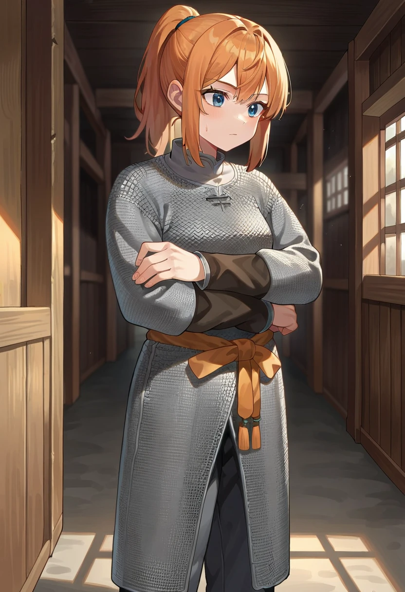 score,9,score_8_up,score_7_up,source_anime,1girl,solo,crossed arms,suozijia,pants,long sleeves,orange hair,grey clothes,chainmail,ponytail,indoors,in barn, <lora:suozijiaponymail:0.85>