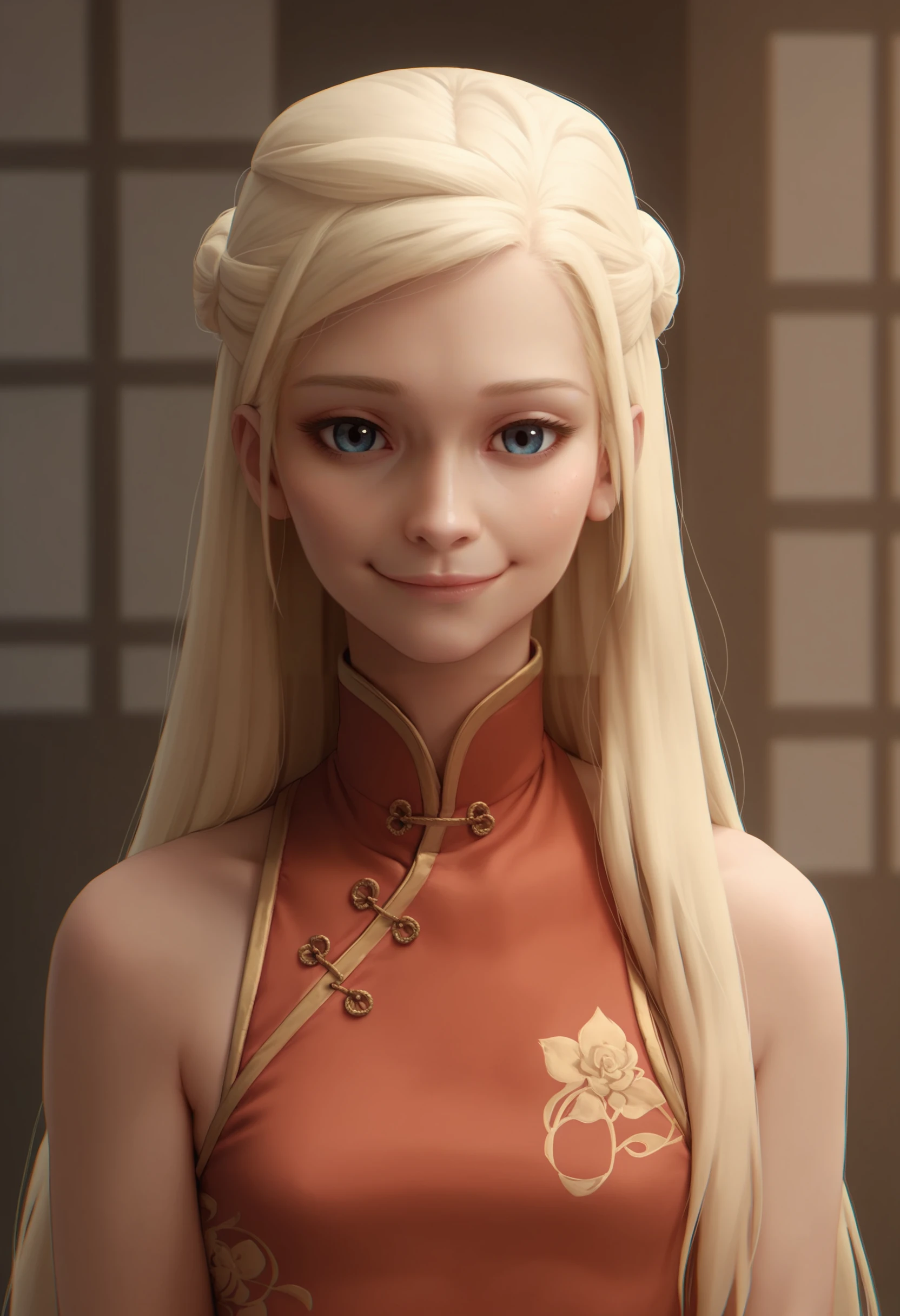 score_9, score_8_up, score_7_up, score_6_up, score_5_up, score_4_up, 1girl, <lora:DaenerysTargaryen:0.9> , solo, long hair, blonde hair, half updo, blue eyes, wearing chinese dress, smile, looking at viewer,